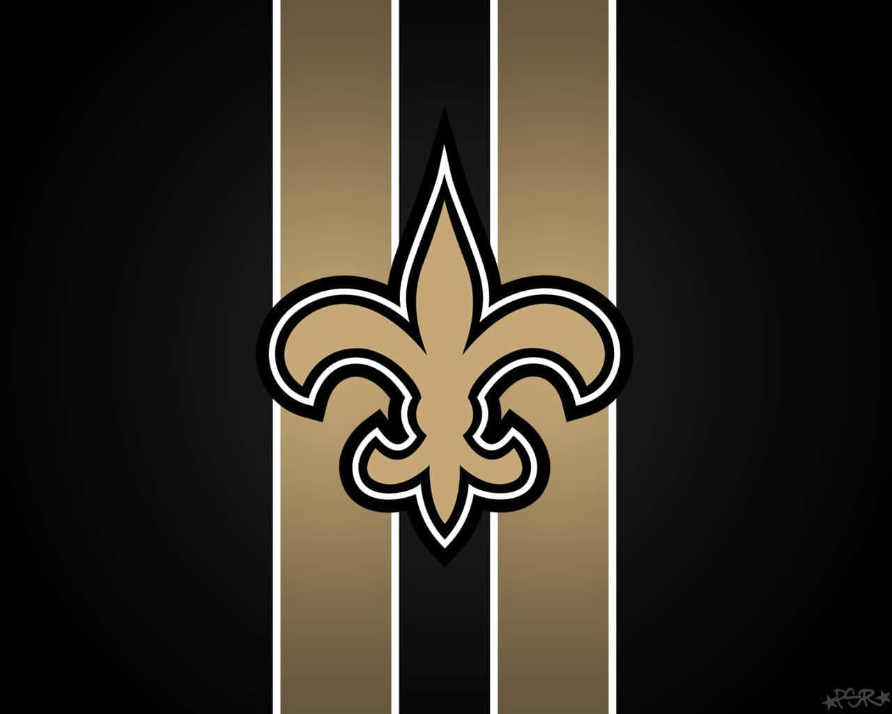 NFL Saints 桌布 壁紙 — 在深色背景上，一個大膽的金色百合花徽標，帶有黑色和白色條紋。
