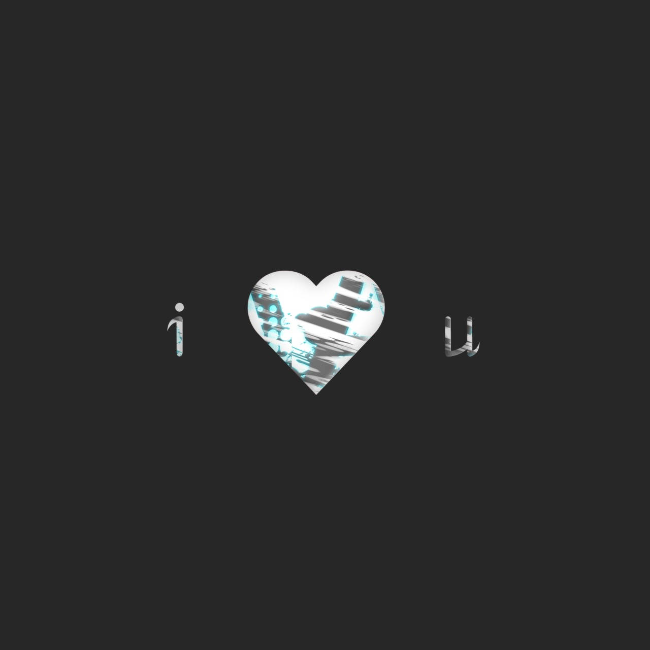 White Heart 桌布 壁紙 — 在深色背景上，一個故障心臟取代了「i love u」中的「愛」符號。