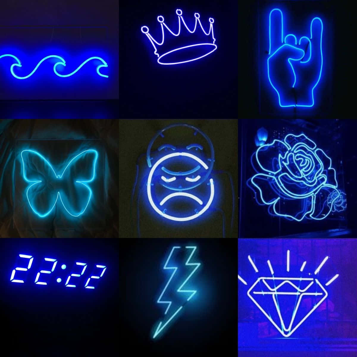 Blue Neon Lights 桌布 壁紙 — 在深色背景上，一個由發光藍色霓虹燈標誌組成的網格，顯示皇冠、手勢、蝴蝶、玫瑰和閃電等符號。