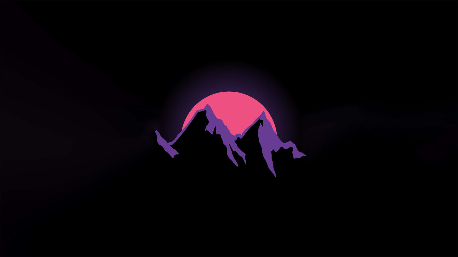 1080p Amoled 桌布 壁紙 — 在深色背景上，一個風格化的紫色山脈剪影在發光的粉紅色太陽前浮現。
