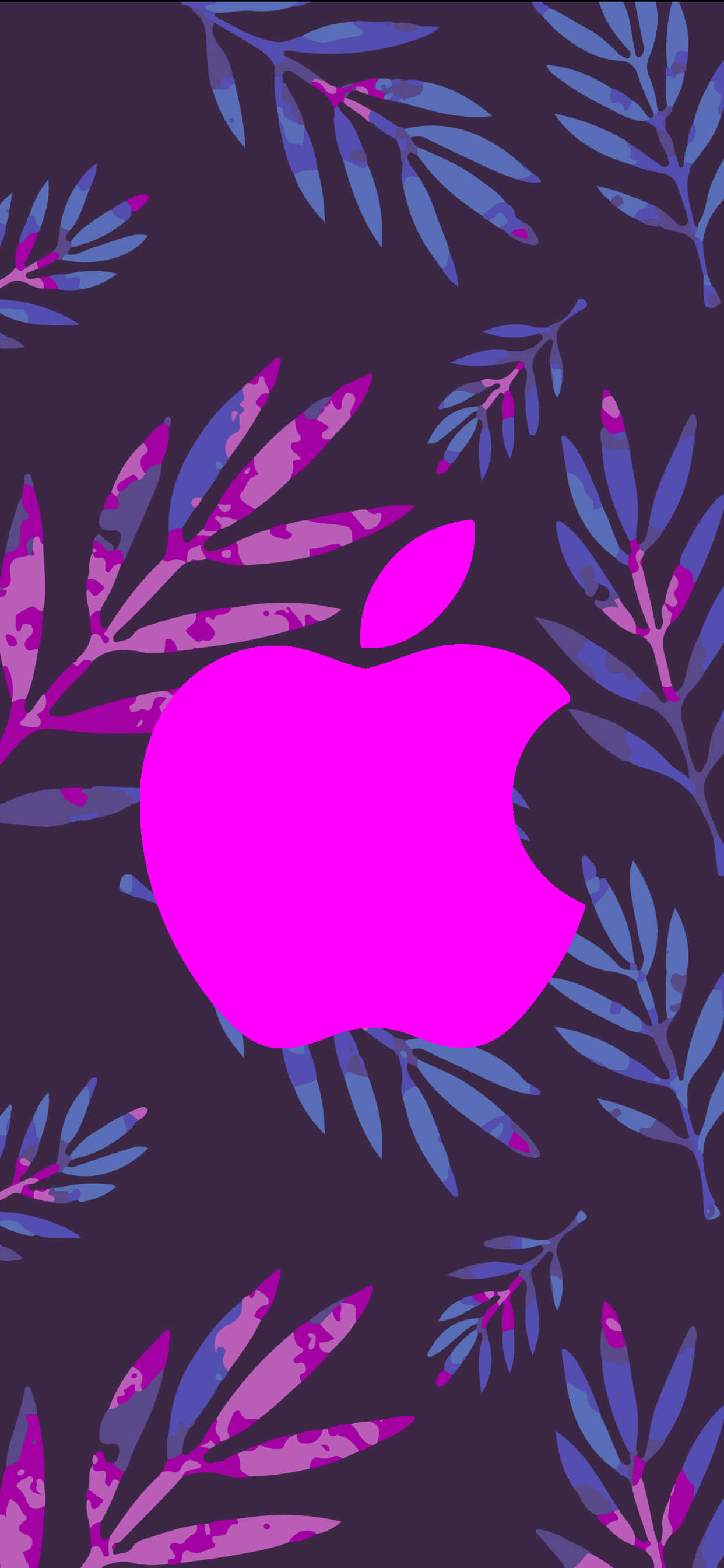 Purple Aesthetic Phone 桌布 壁紙 — 在深色背景上，一個鮮豔的粉紅色Apple標誌居中於風格化的紫色和藍色葉片中。