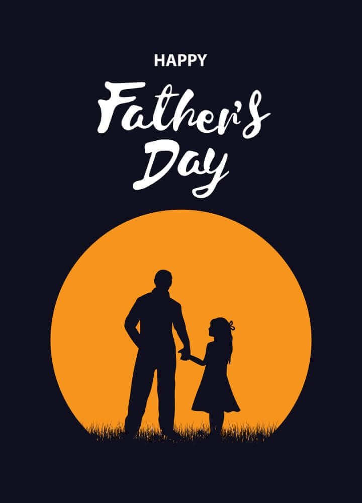Fathers Day 桌布 壁紙 — 在深色背景上，一對父女手牽手，襯著溫暖的橙色太陽，並帶有「Happy Father's Day」文字。