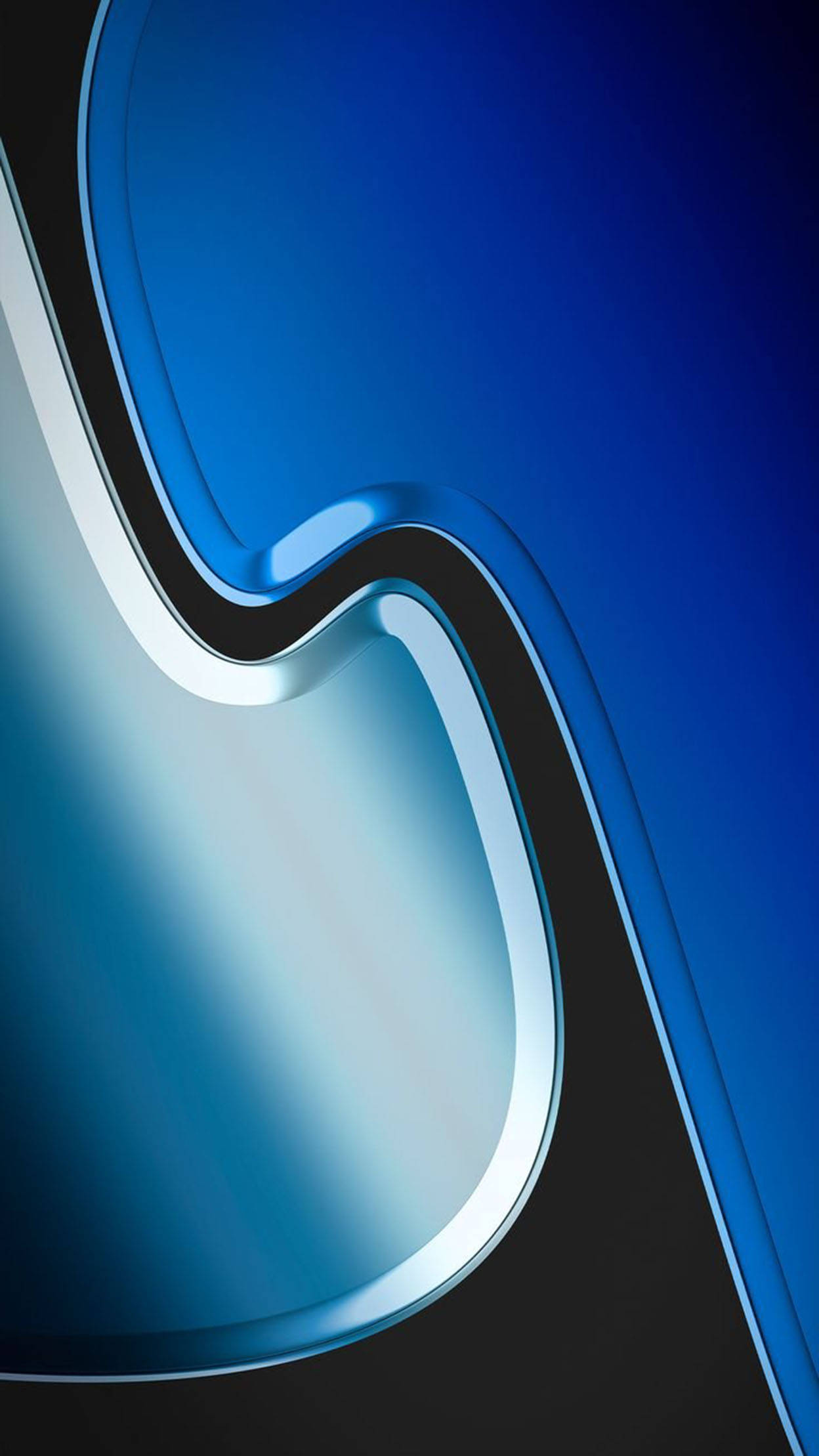 iOS 16 壁紙 桌布 壁紙 — 在深色背景上，一條光滑的抽象波浪由亮藍色和銀色曲線構成。