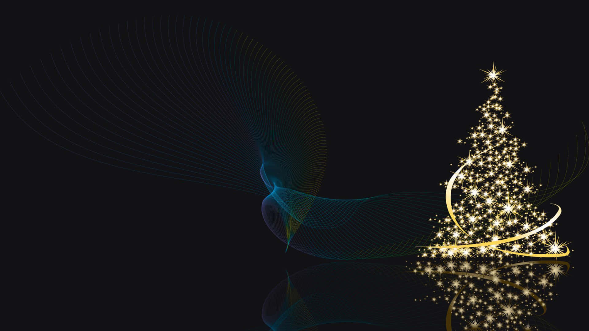 High Resolution Christmas 桌布 壁紙 — 在深色背景上，一棵閃爍金色光芒的聖誕樹，飾有閃亮的星星和優雅的藍色漩渦。