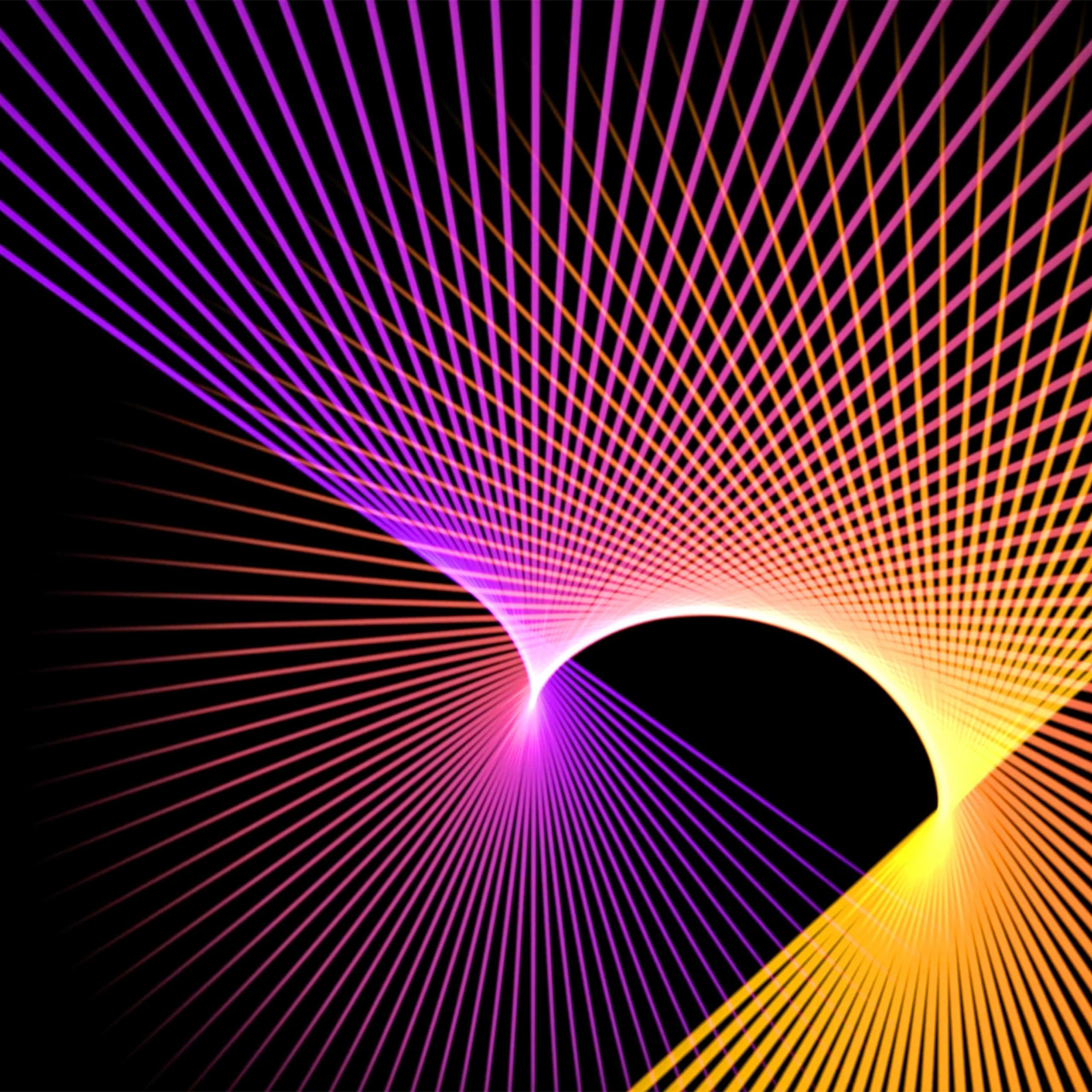 lines 桌布 壁紙 — 在深色背景上，中央的黑色拱門散發出充滿活力的紫色和橙色雷射光束。