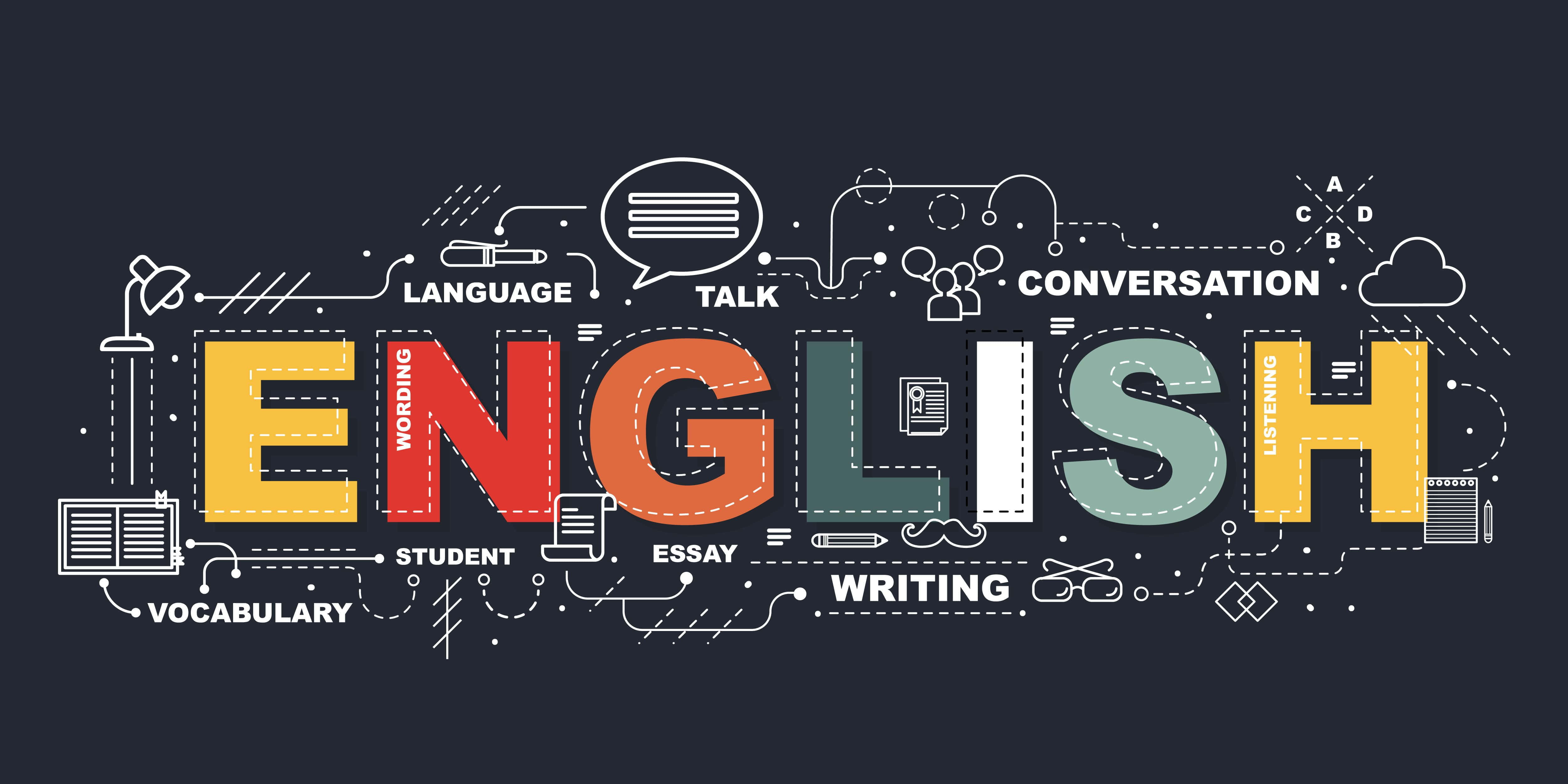 English 桌布 壁紙 — 在深色背景上，以學習圖示環繞的大膽彩色英文單詞圖形。