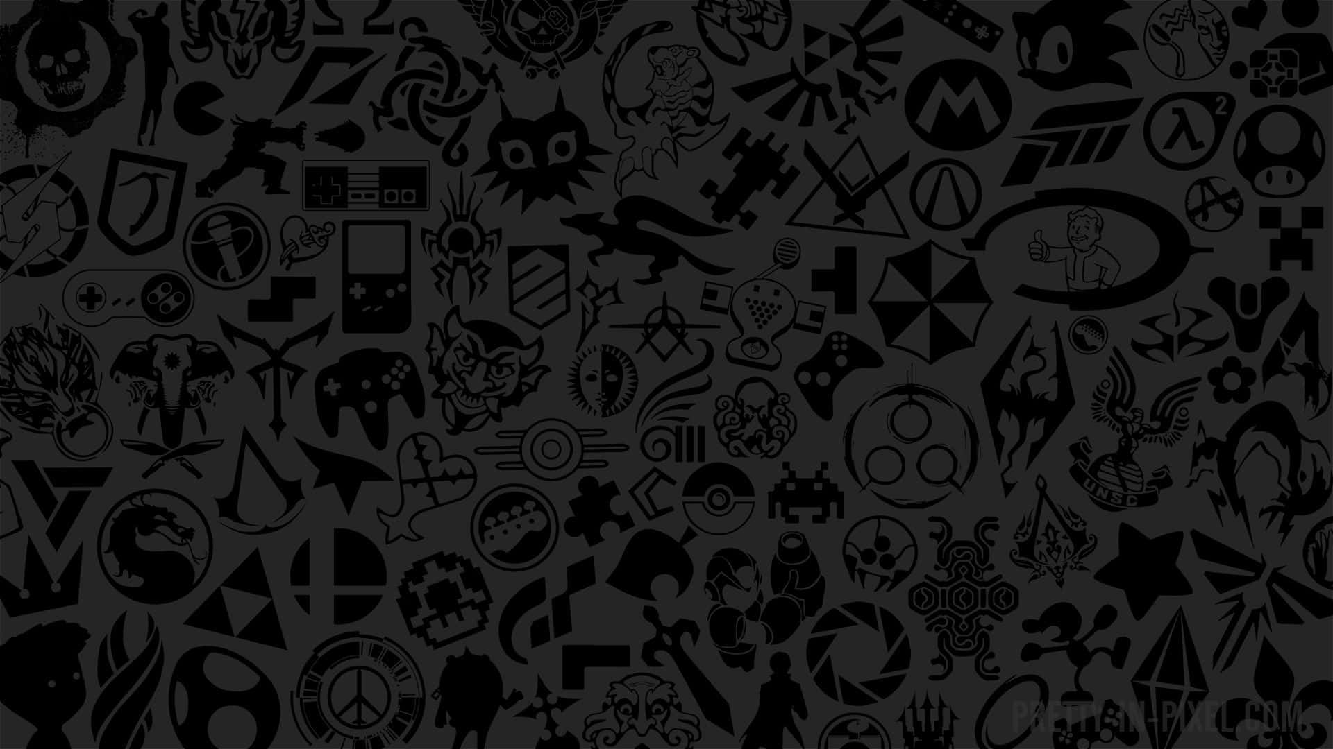 Game Icon 桌布 壁紙 — 在深色背景上，以鮮明的黑色和灰色密集拼貼經典電子遊戲標誌和符號。