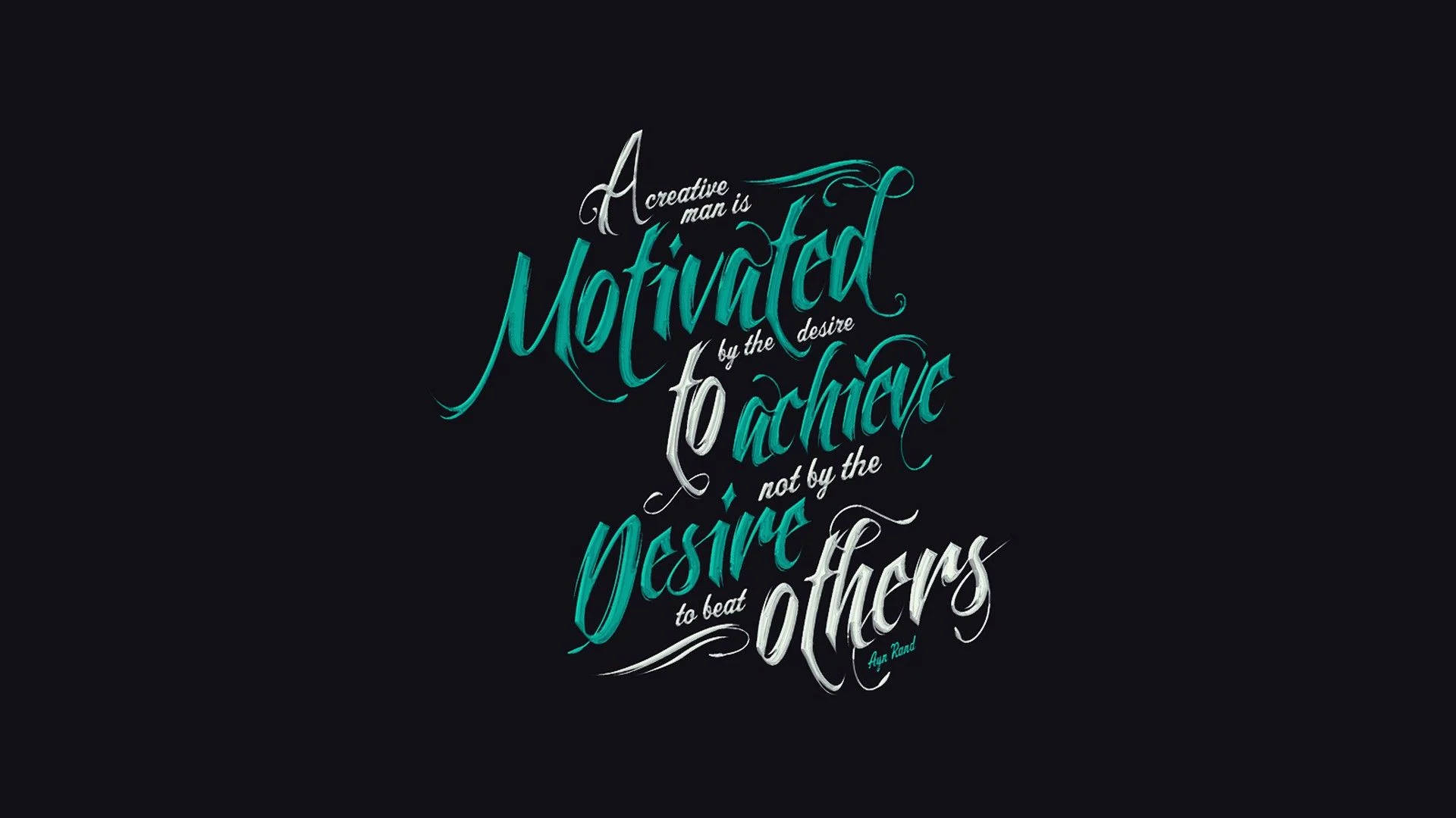 Typography 桌布 壁紙 — 在深色背景上，優雅的青綠色和白色書法字體拼寫出一句關於創意動力的勵志名言。