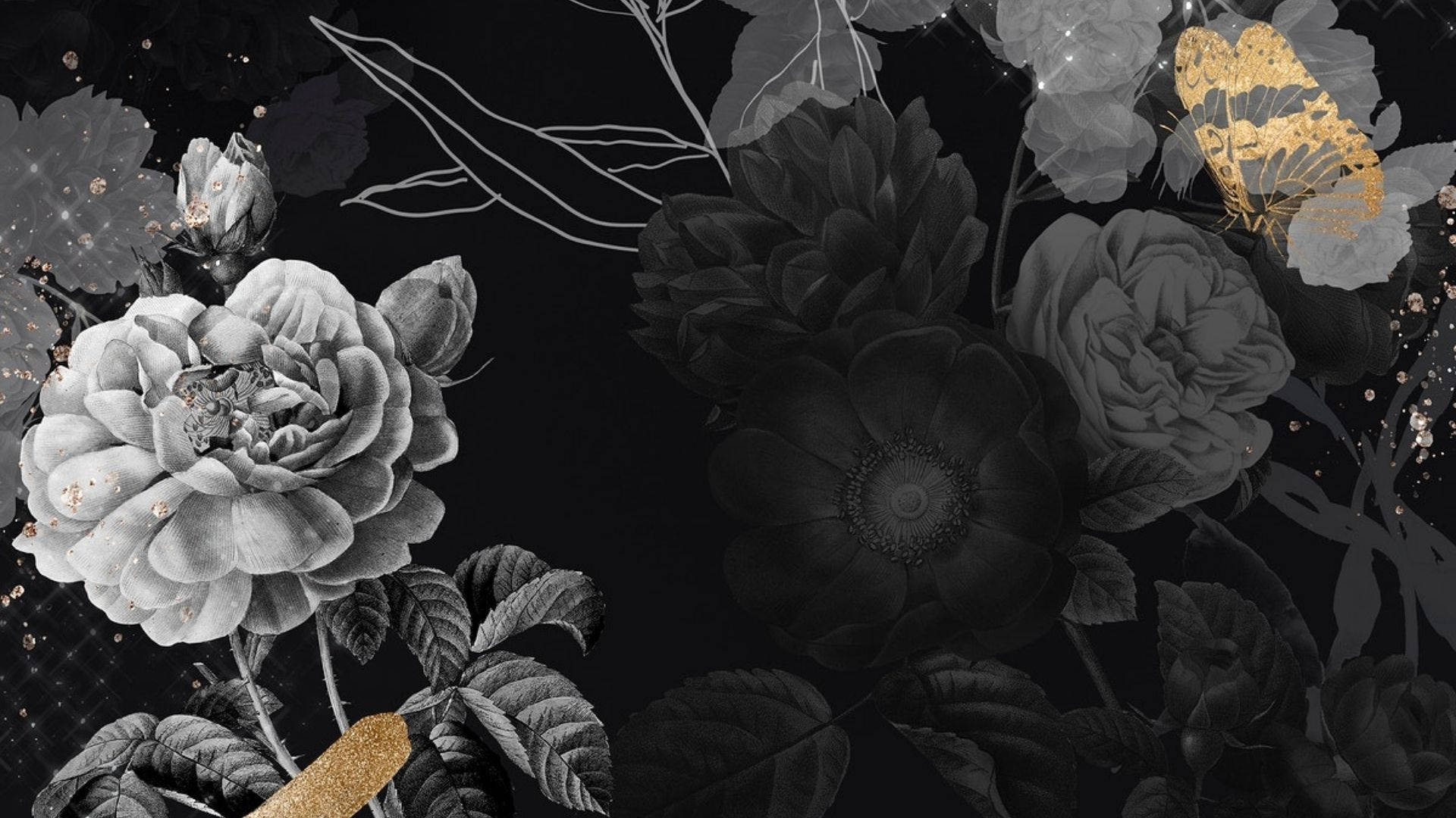 花朵美學動態圖 桌布 壁紙 — 在深色背景上，優雅的黑白花卉佈置，配有一隻金色蝴蝶和閃爍的裝飾。