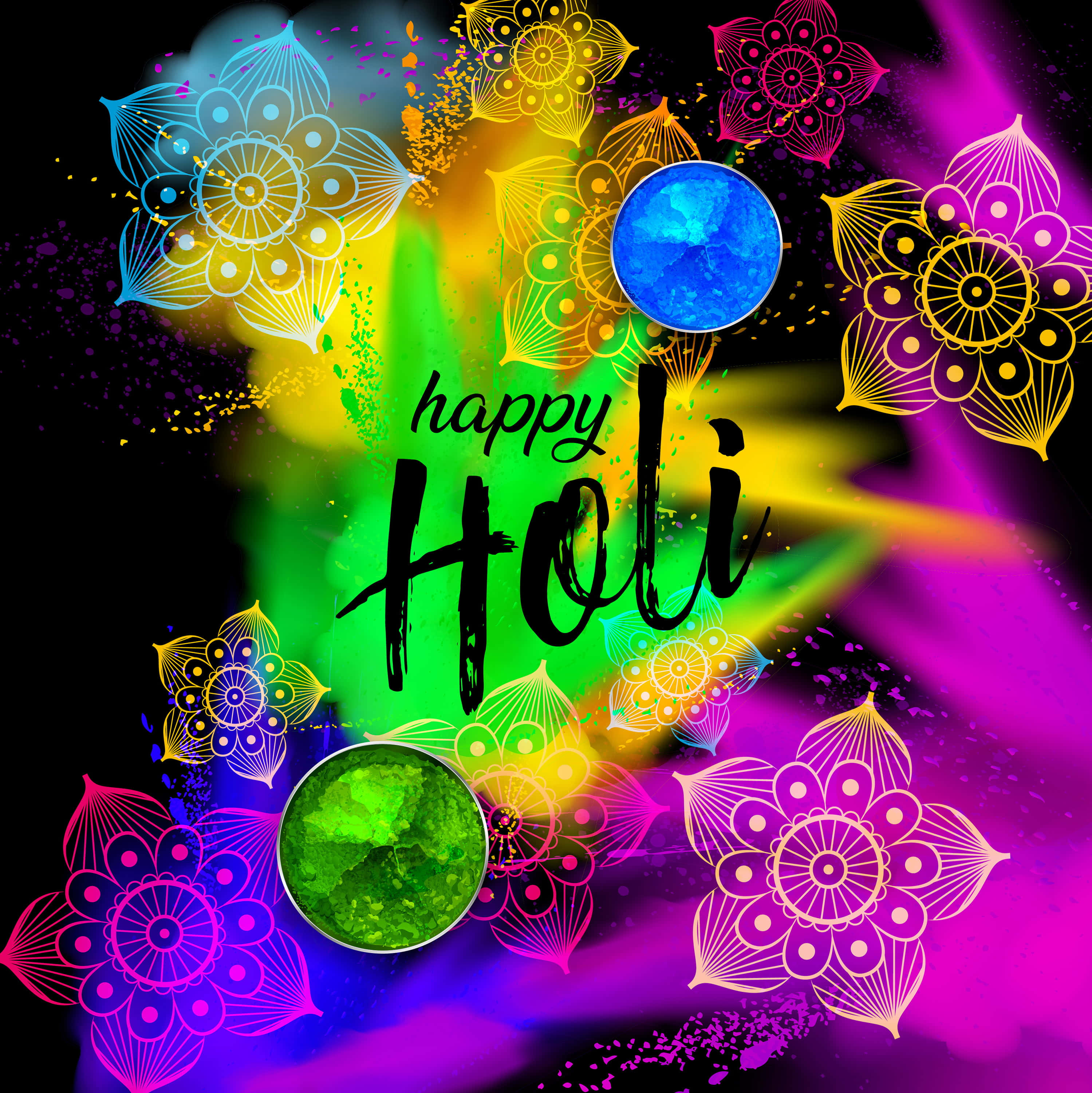 Holi 桌布 壁紙 — 在深色背景上，充滿活力的灑紅節慶祝活動，帶有發光的曼陀羅和彩色粉末爆發。