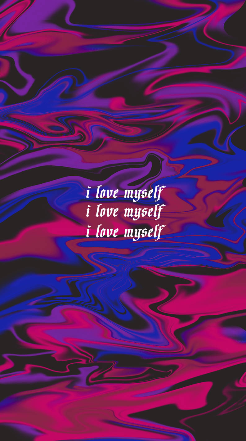 Bisexual Aesthetic 桌布 壁紙 — 在深色背景上，充滿活力的粉紅色和藍色漩渦液體圖案，帶有重複的文字我愛自己。