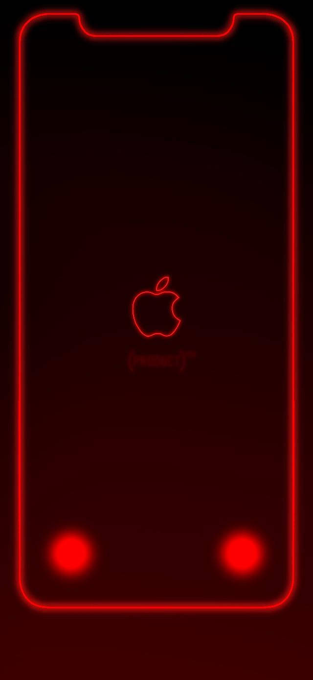 iPhone XR 桌布 壁紙 — 在深色背景上，帶有Apple標誌和相機點的iPhone的發光紅色霓虹輪廓。