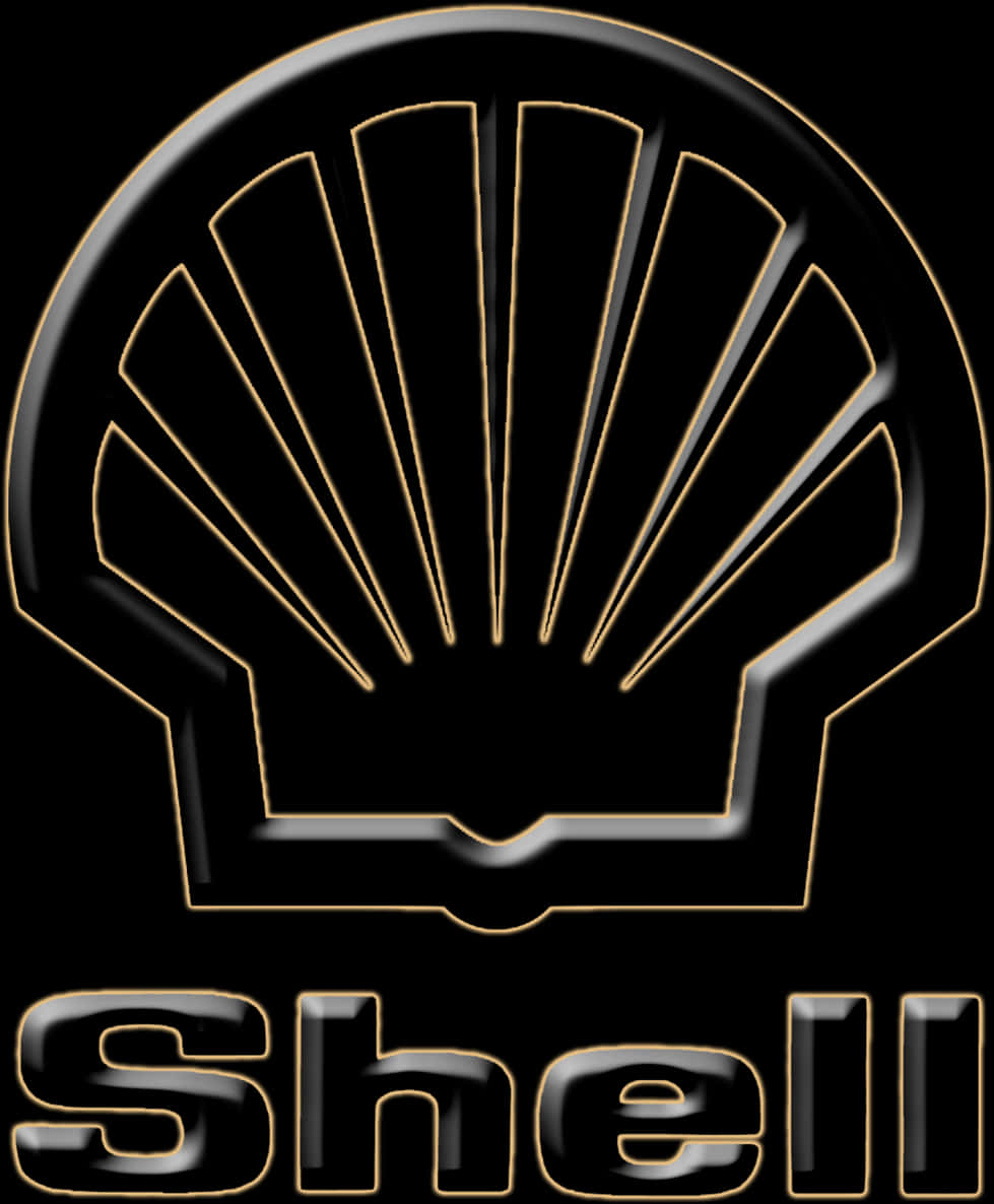 貝殼 桌布 壁紙 — 在深色背景上，帶有金色輪廓和金屬光澤的亮黑色Shell標誌。