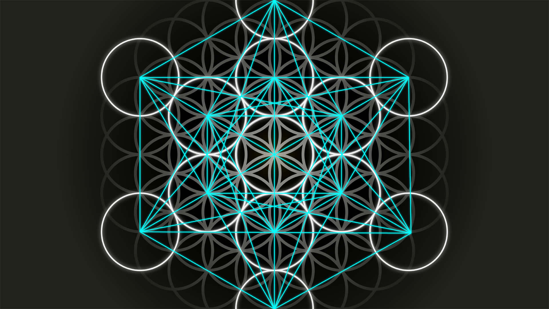 Alchemy 桌布 壁紙 — 在深色背景上，從中央的生命之花設計散發出發光的青色和白色幾何圖案。