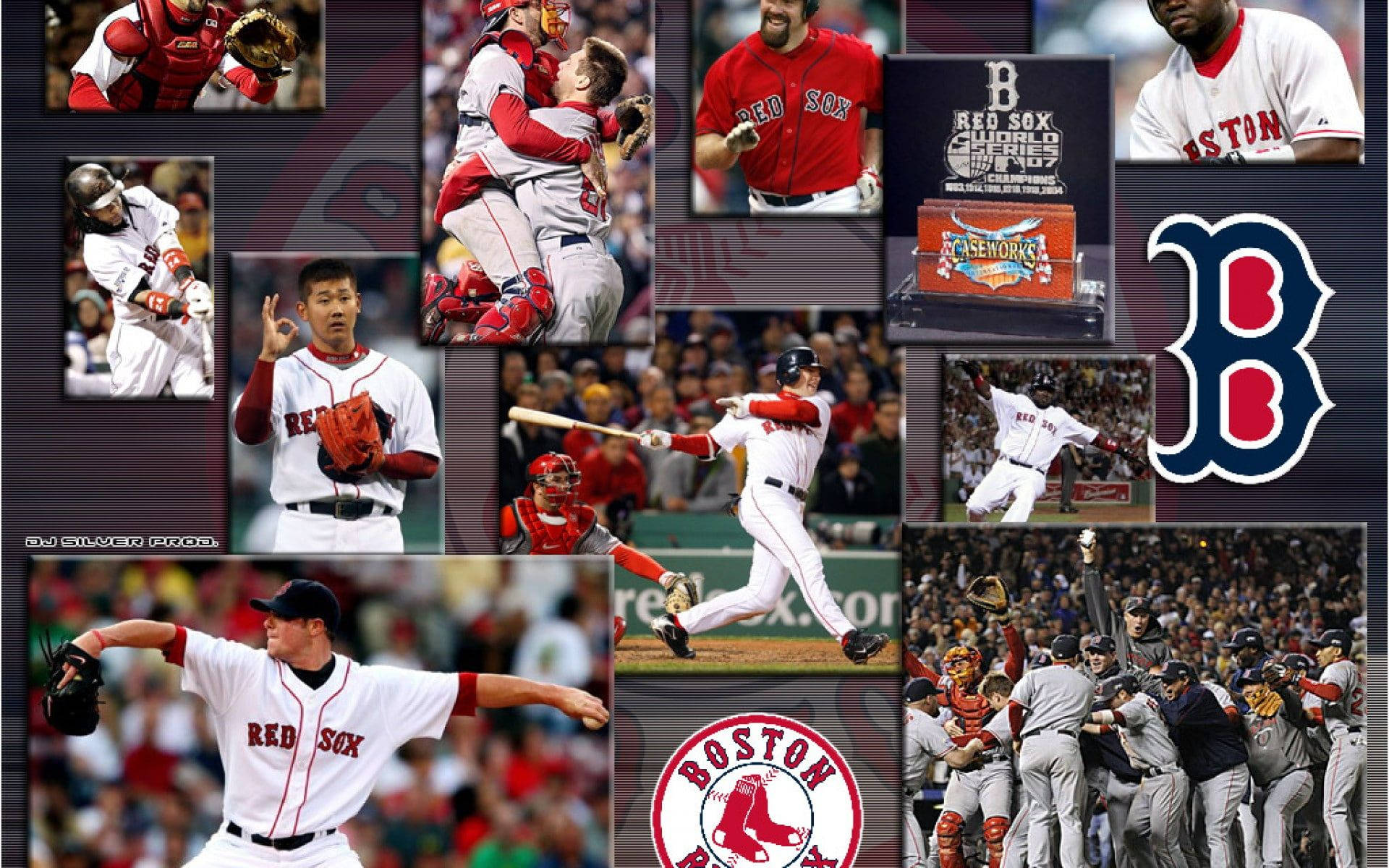 Boston Red Sox 桌布 壁紙 — 在深色背景上，波士頓紅襪棒球運動員的動態拼貼，展現動作姿勢和慶祝時刻。