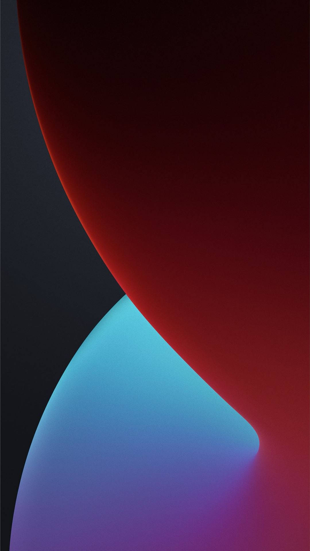 iOS 8 桌布 壁紙 — 在深色背景上，流動的紅色和藍色曲線形狀的極簡抽象構圖。