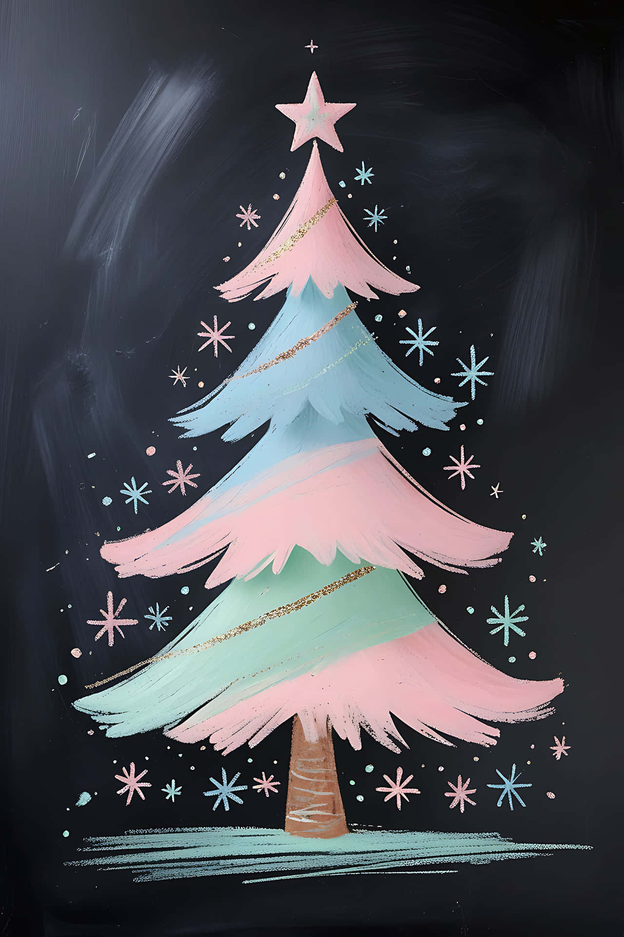 Colorful christmas tree on chalkboard 壁紙 — 在深色背景上，用粉筆繪製的聖誕樹，帶有粉彩粉紅和藍色層次、金色閃粉條紋和星星裝飾。