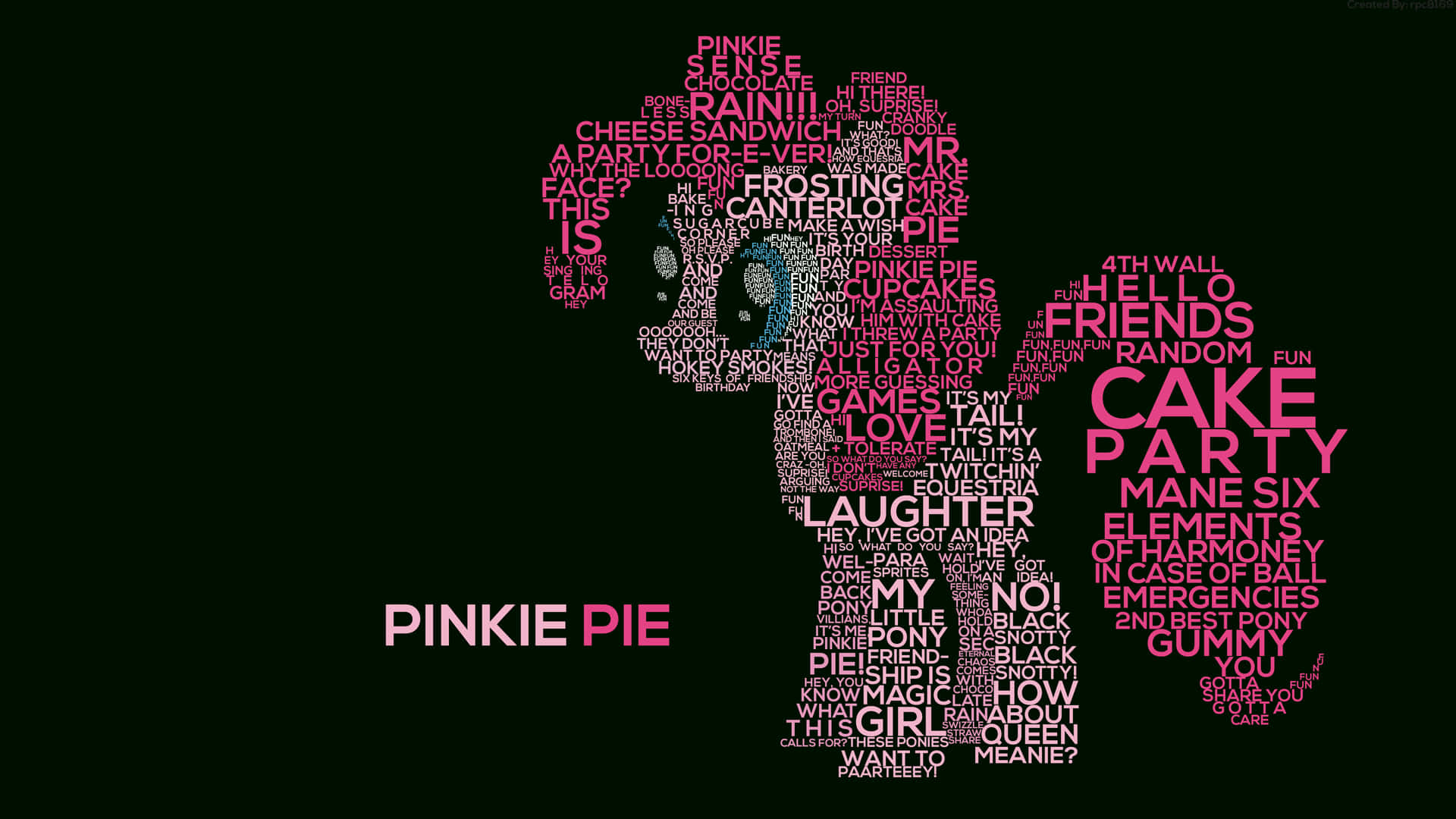 pinkie pie 桌布 壁紙 — 在深色背景上，用色彩繽紛的蛋糕派對短語組成的碧琪·派活潑文字藝術剪影。