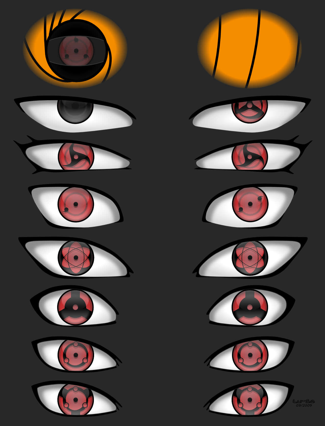 Naruto Eyes 桌布 壁紙 — 在深色背景上，由各種紅色和黑色神秘圖案組成的風格化動漫眼睛網格。