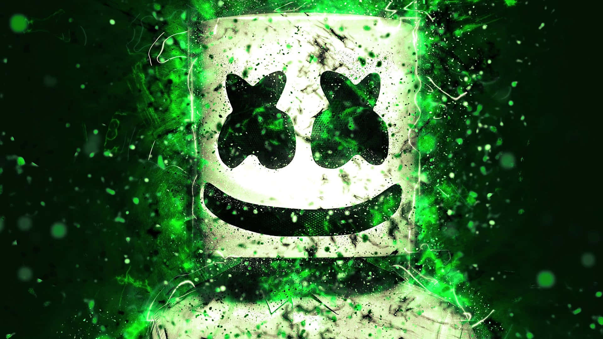 Marshmello 動態圖 桌布 壁紙 — 在深色背景上，發光的綠色飛濺效果圍繞著一個帶有黑色X眼睛和微笑的白色方形面具。