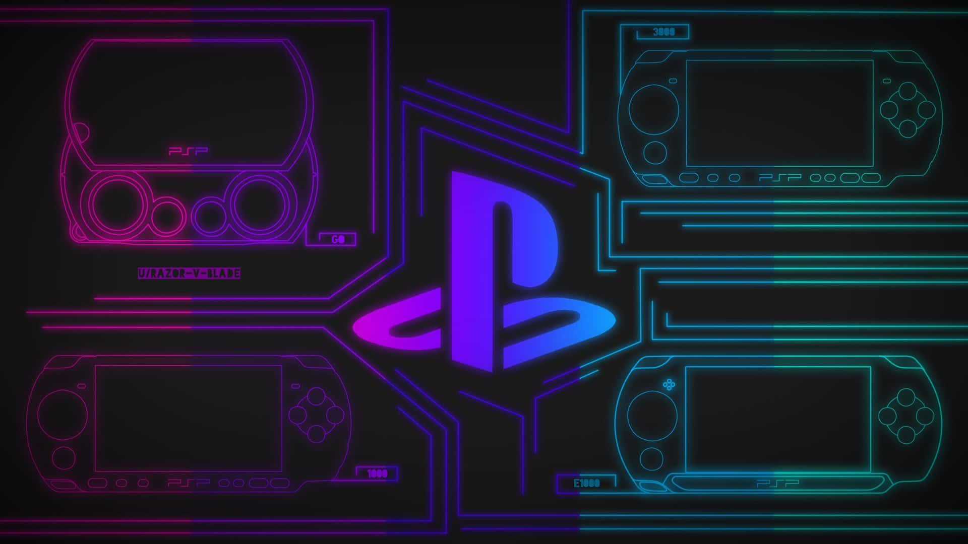 Psp 桌布 壁紙 — 在深色背景上，發光的線框PSP主機圍繞著霓虹燈照亮的PlayStation標誌。