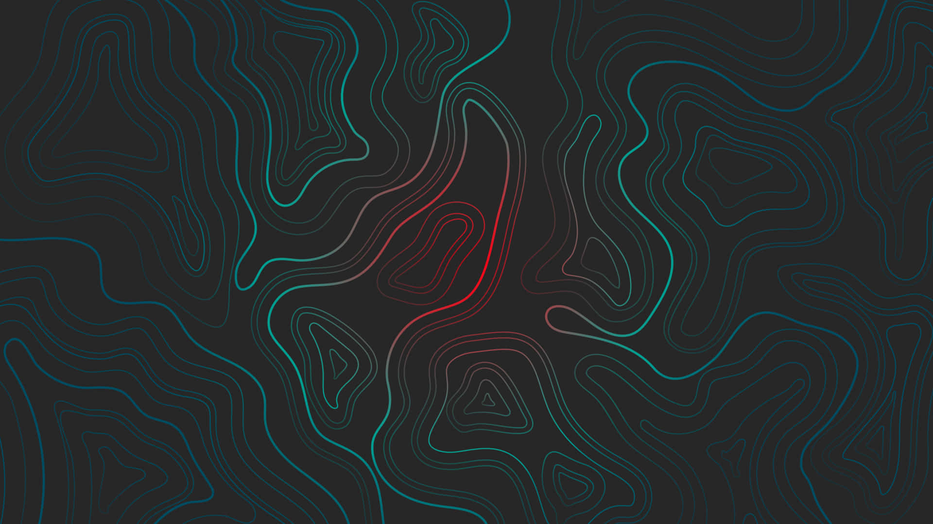 Cool Abstract 桌布 壁紙 — 在深色背景上，發光的青綠色和紅色抽象地形線條旋轉。
