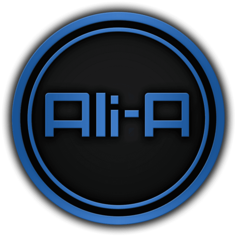 Circle Logo 桌布 壁紙 — 在深色背景上，粗體藍色 'Ali-A' 文字居中於同心發光圓圈內。