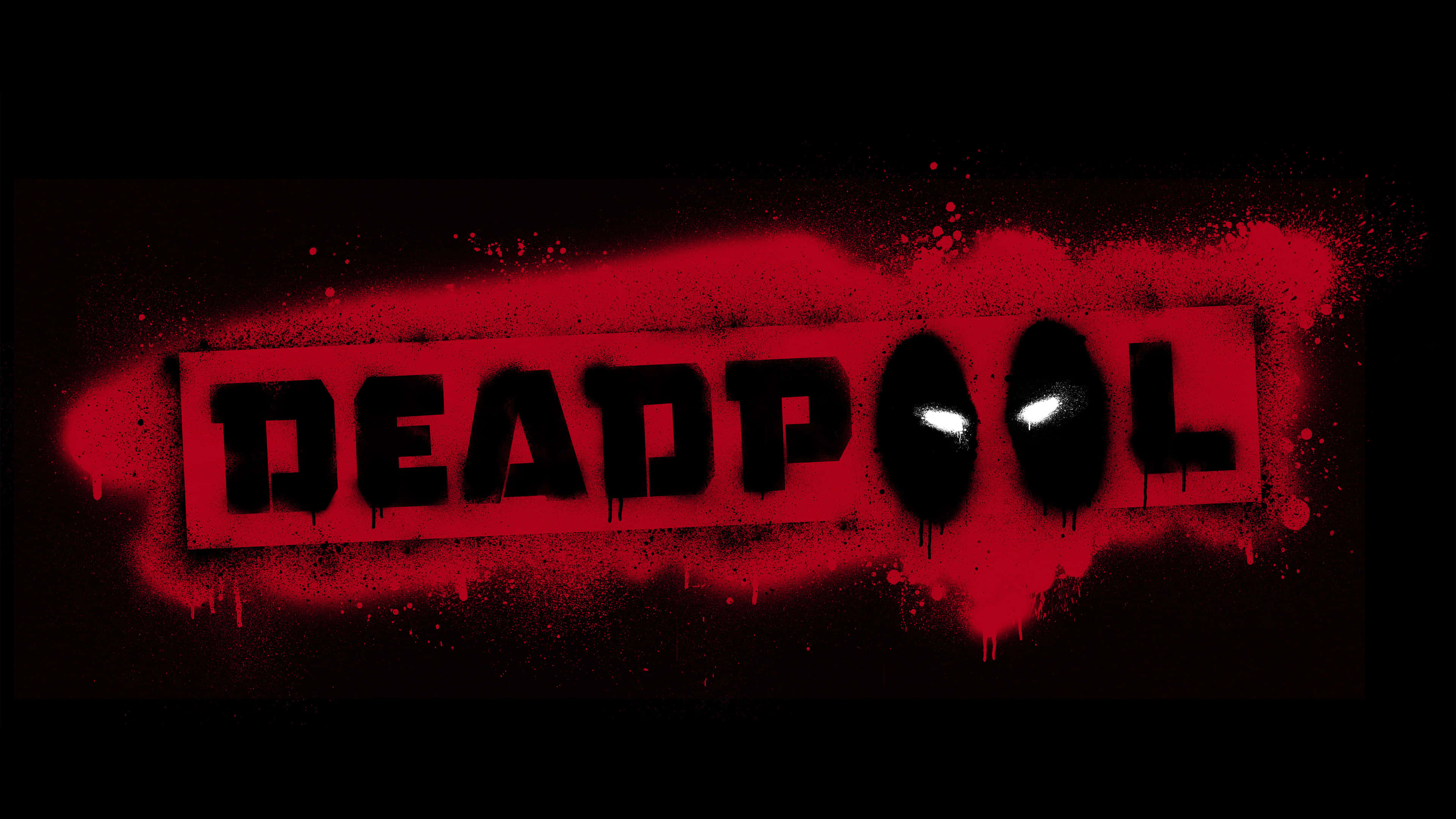 Deadpool Logo 桌布 壁紙 — 在深色背景上，粗體黑色字母拼寫出「DEADPOOL」一詞，紅色油漆滴落，O 字中有發光的白色眼睛。