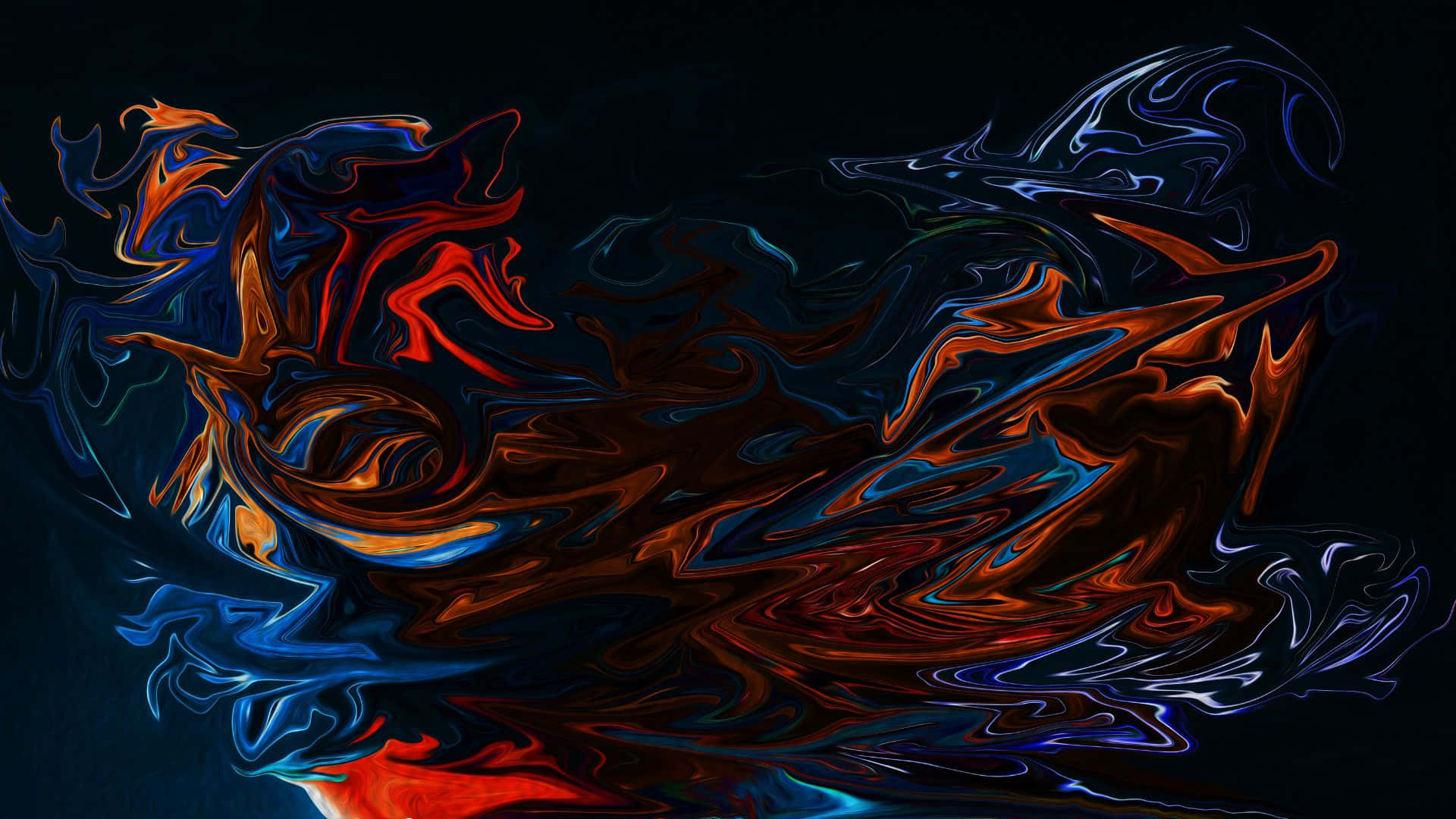 Dark Abstract Art 桌布 壁紙 — 在深色背景上，紅色、橙色和藍色的鮮豔漩渦抽象圖案營造出動態的流體運動。