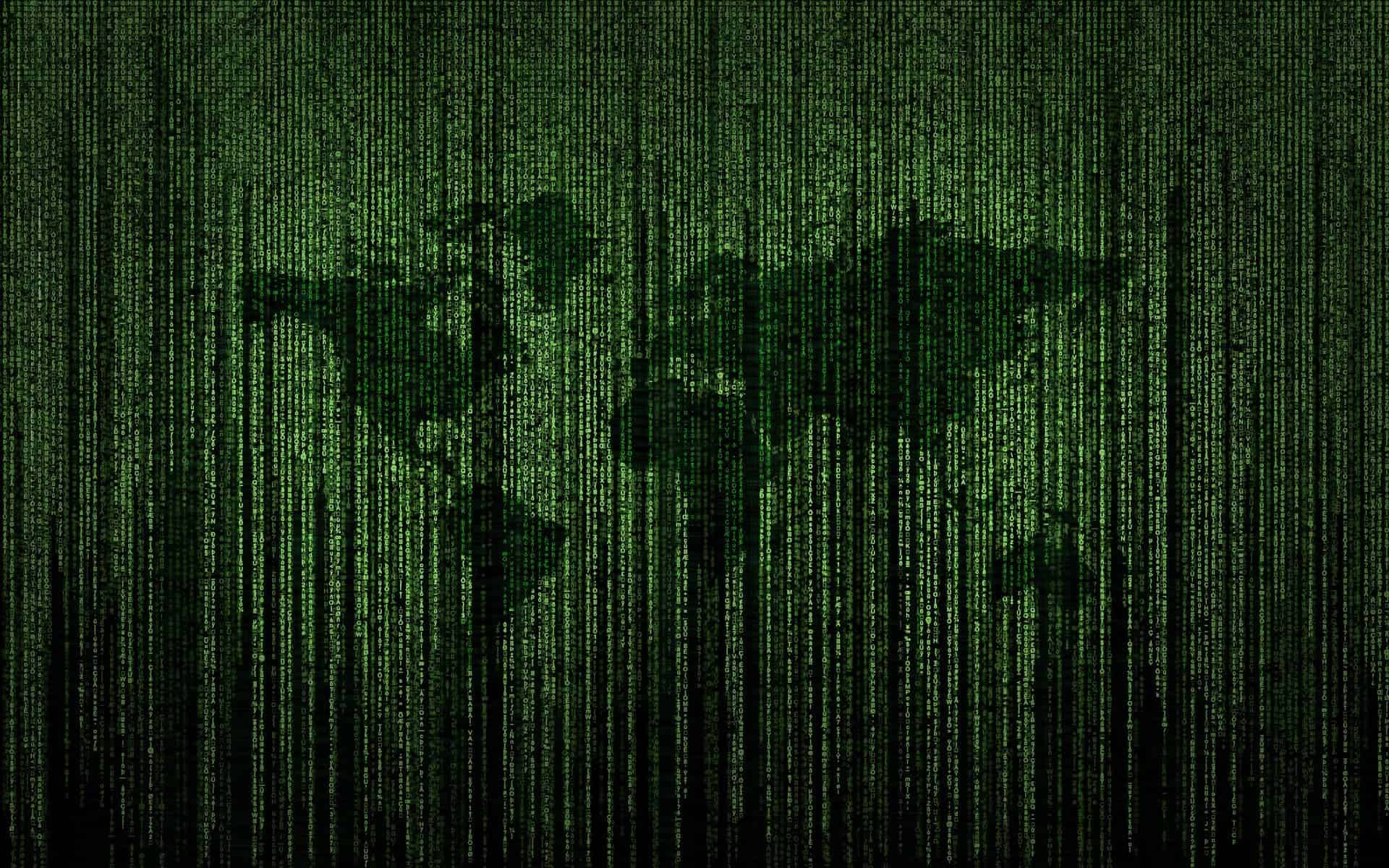 Code 桌布 壁紙 — 在深色背景上，綠色數位代碼如瀑布般傾瀉，形成世界地圖的輪廓。