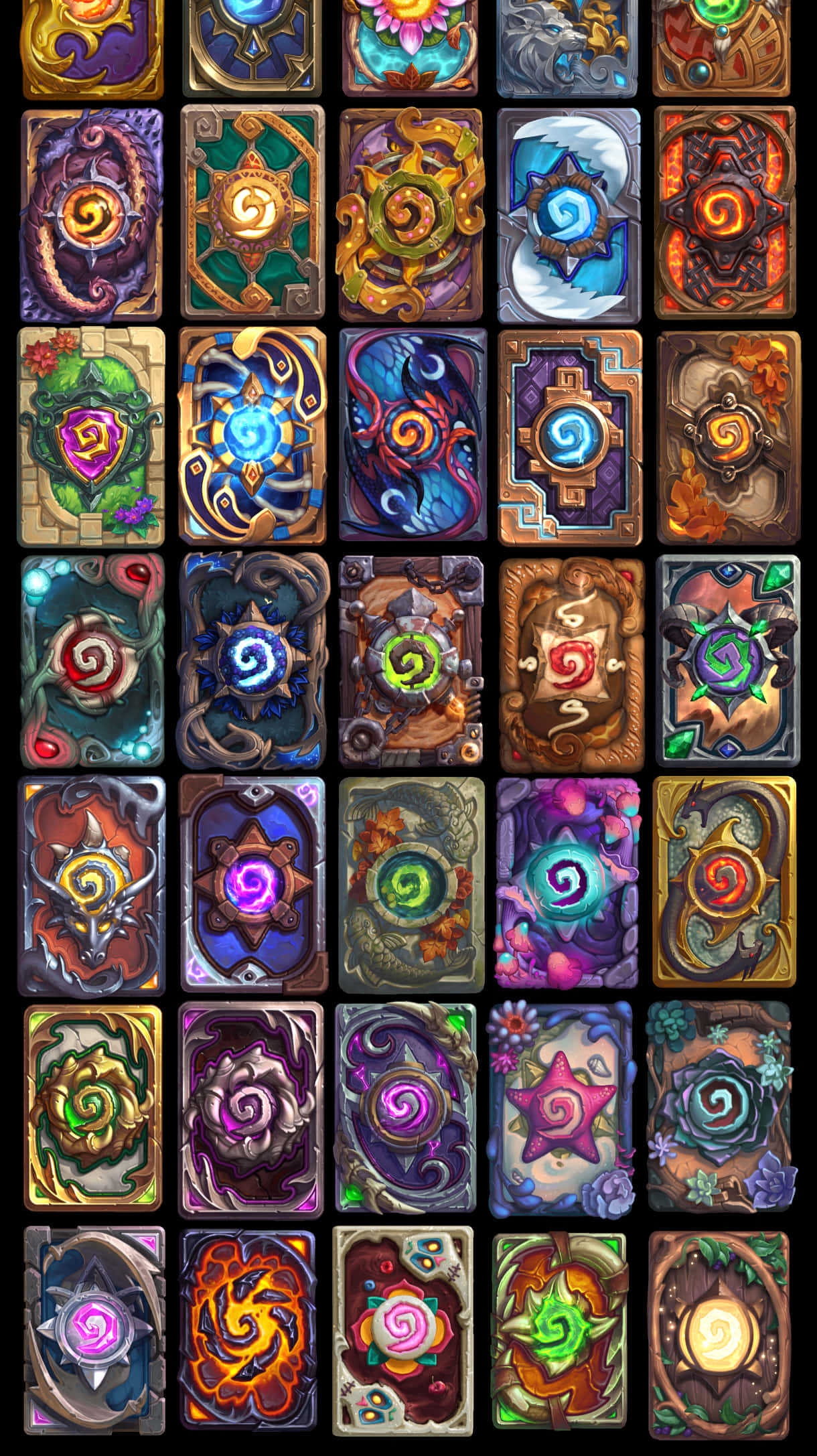 Pixel 3 Hearthstone 桌布 壁紙 — 在深色背景上，色彩繽紛的奇幻遊戲卡牌網格，帶有旋轉的魔法符號和華麗邊框。