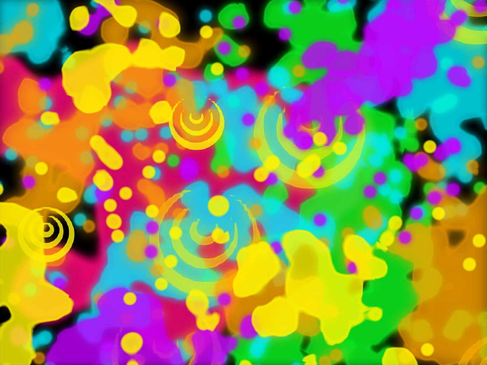 Abstract Expressionism 桌布 壁紙 — 在深色背景上，霓虹色彩的鮮豔抽象潑濺與發光圓形圖案。