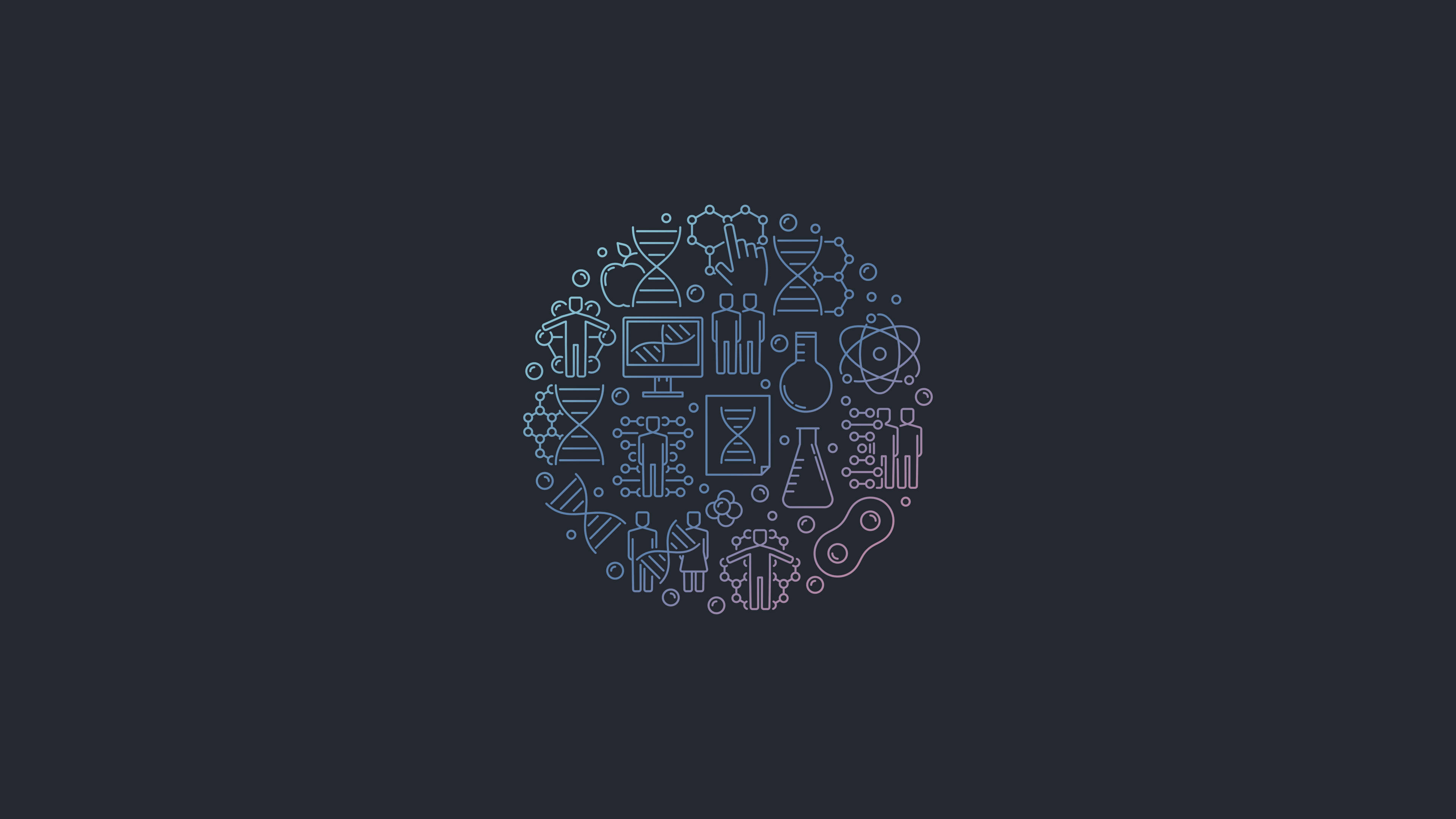 科學 桌布 壁紙 — 在深色背景上以發光藍線排列的圓形科學與科技圖標。