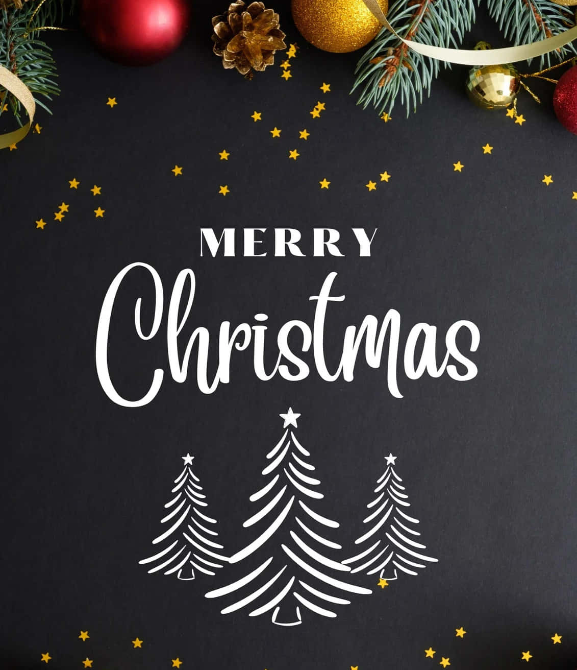 Christmas Flyer 桌布 壁紙 — 在深色背景上以白色手寫體書寫的「聖誕快樂」文字，周圍環繞著節日松枝、金色星星和紅色金色裝飾。