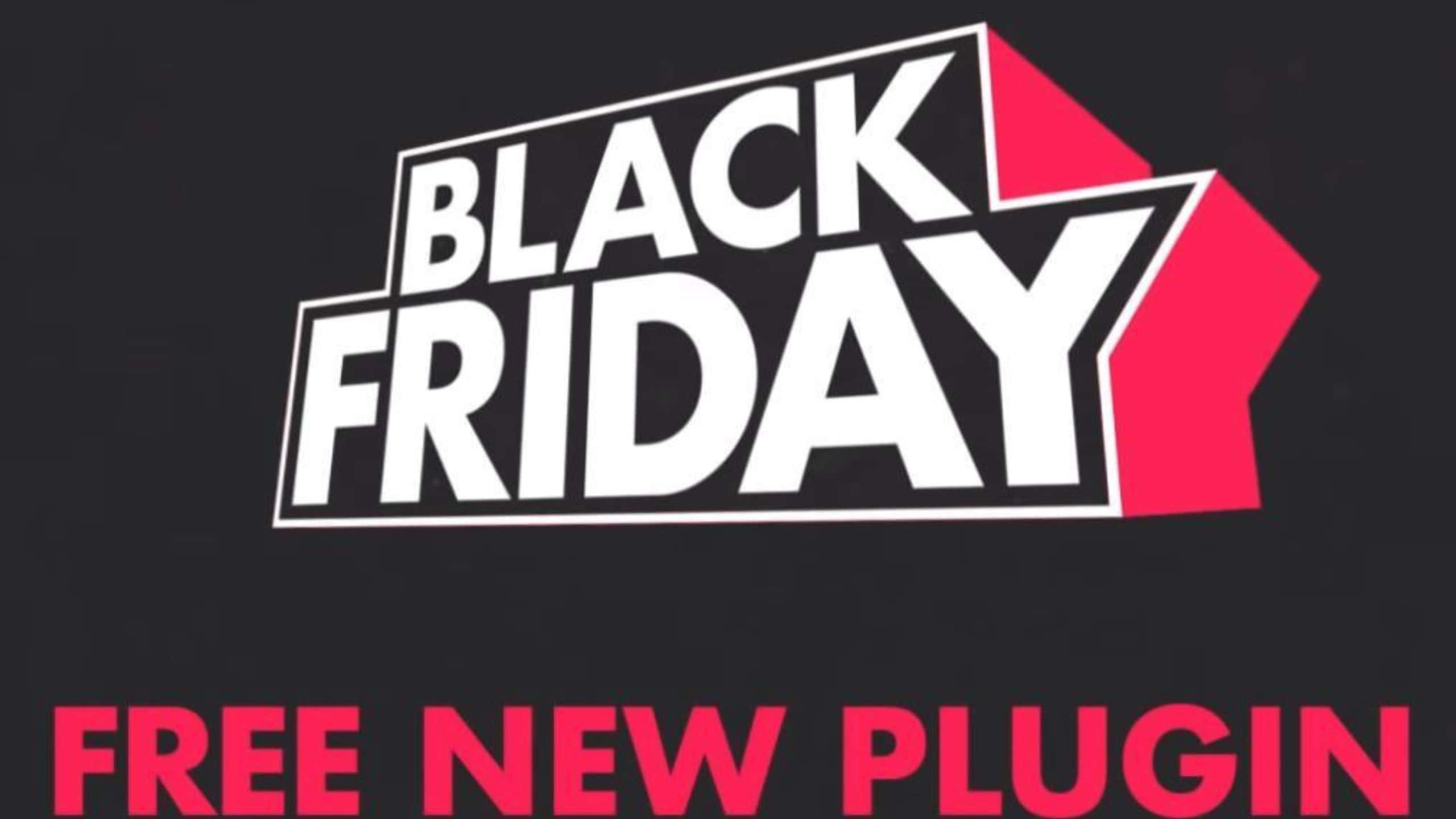 Black Friday 桌布 壁紙 — 在深色背景上以白色粗體黑色星期五文字和紅色箭頭圖形宣傳免費新插件。