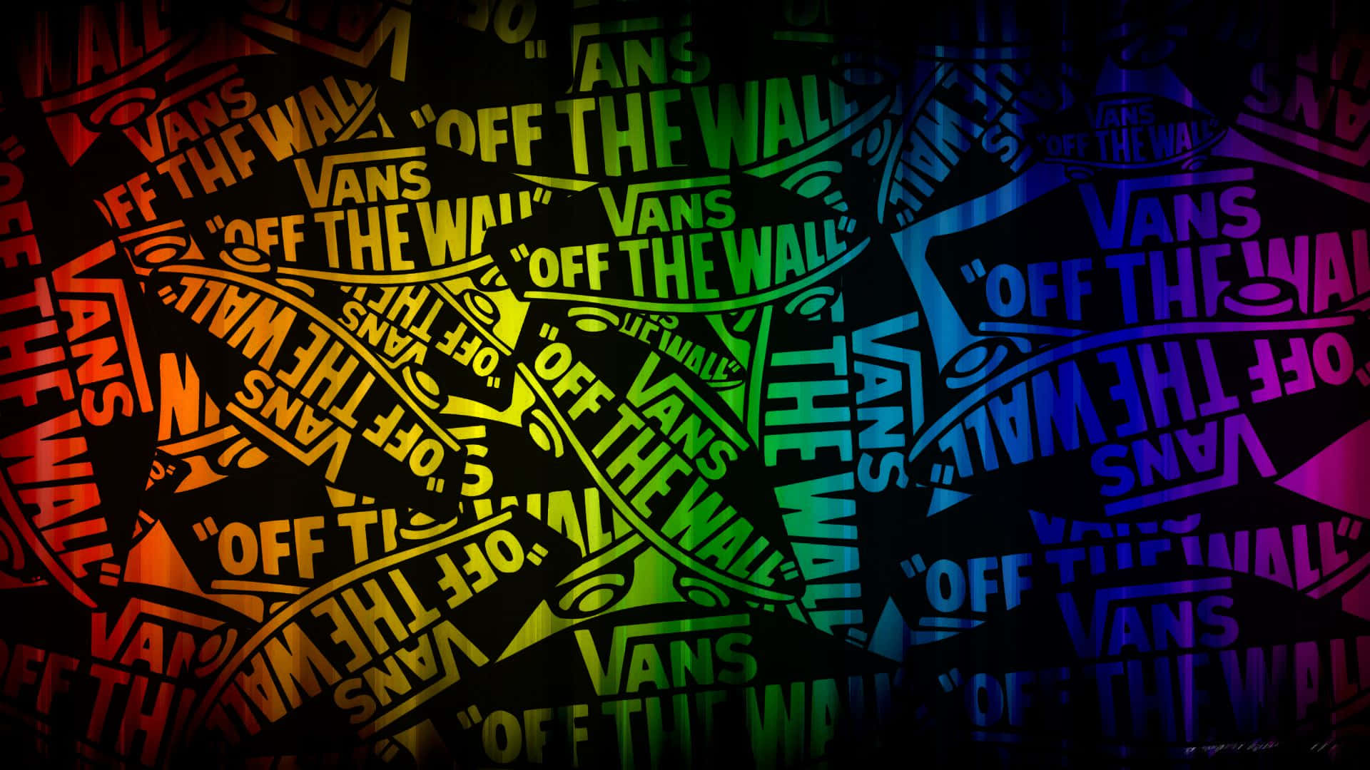 Vans 桌布 壁紙 — 在深色背景上以粗體風格字體重複「Vans Off The Wall」的鮮豔彩虹漸變文字。