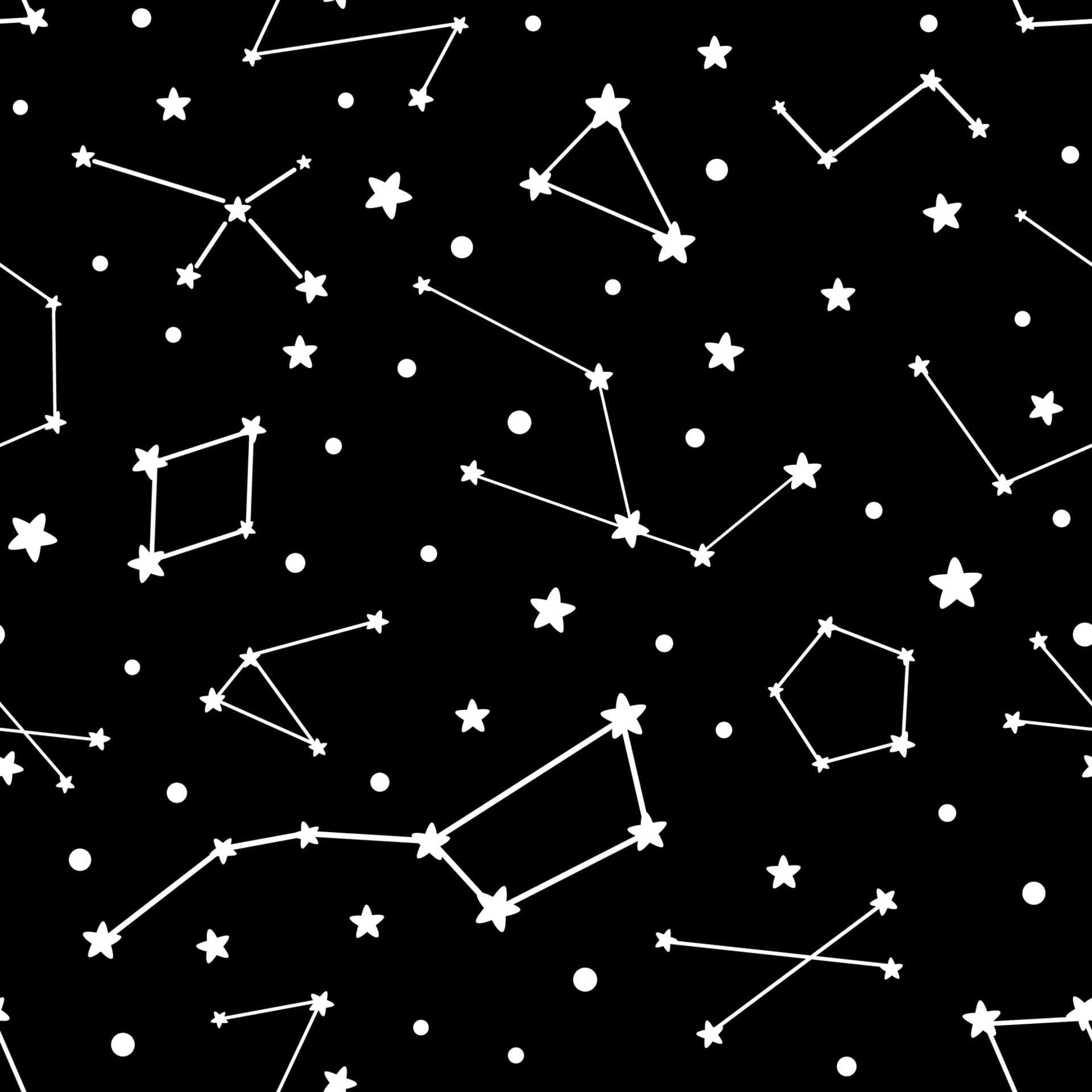 Constellations 桌布 壁紙 — 在深色背景上散佈著星座和星星的無縫黑白圖案。