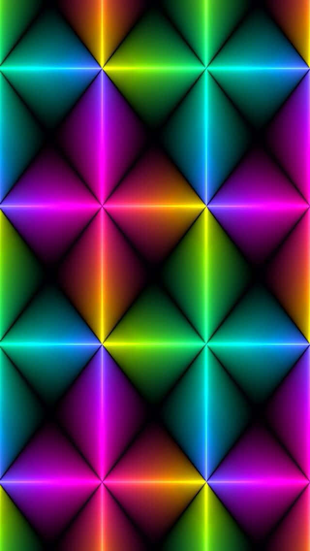 640x1136 桌布 壁紙 — 在深色背景上散發彩虹色調的發光鑽石形狀的鮮豔幾何圖案。