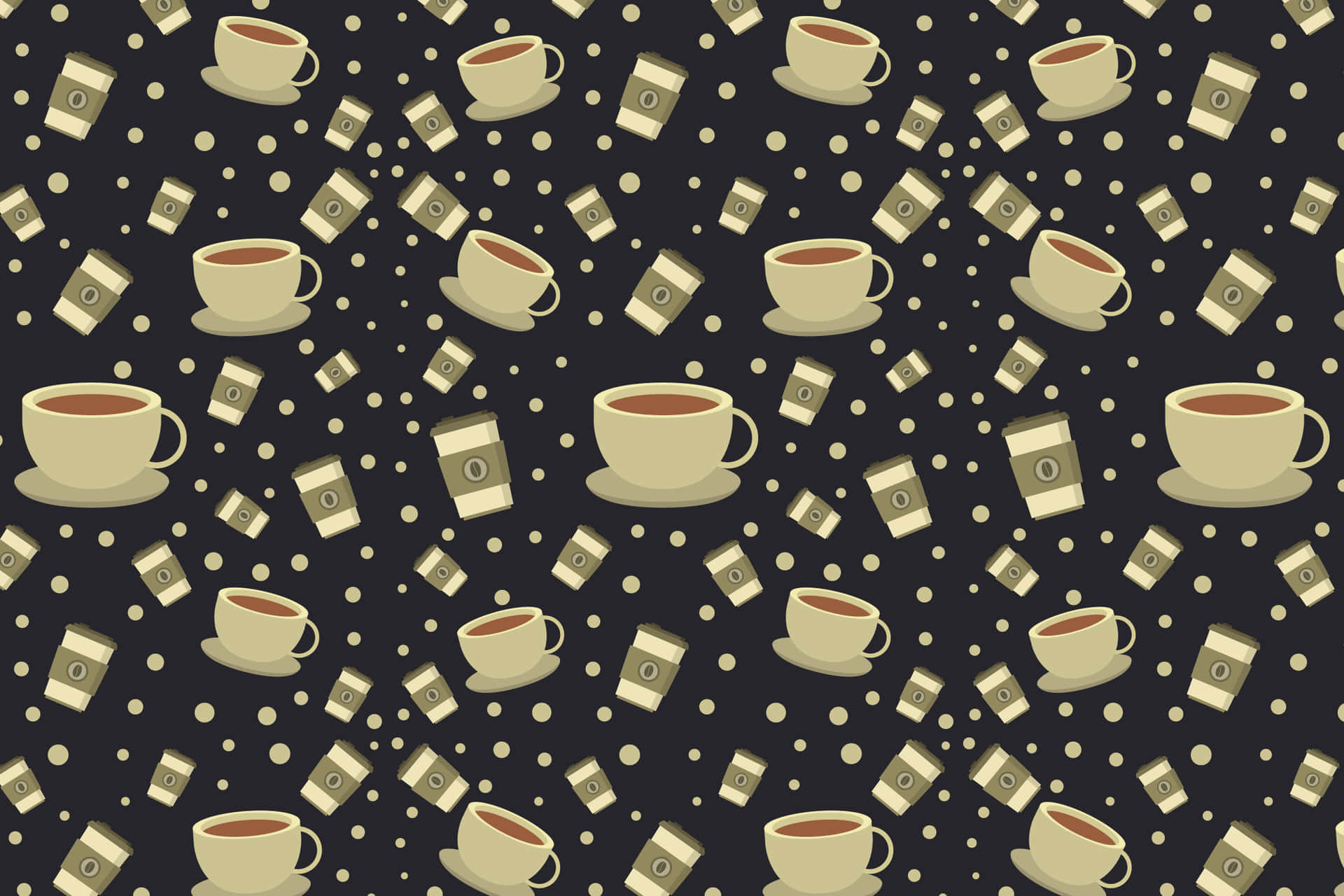 Coffee Pattern 壁紙 — 在深色背景上重複出現的米色咖啡杯和盒子圖案，帶有散落的光點。