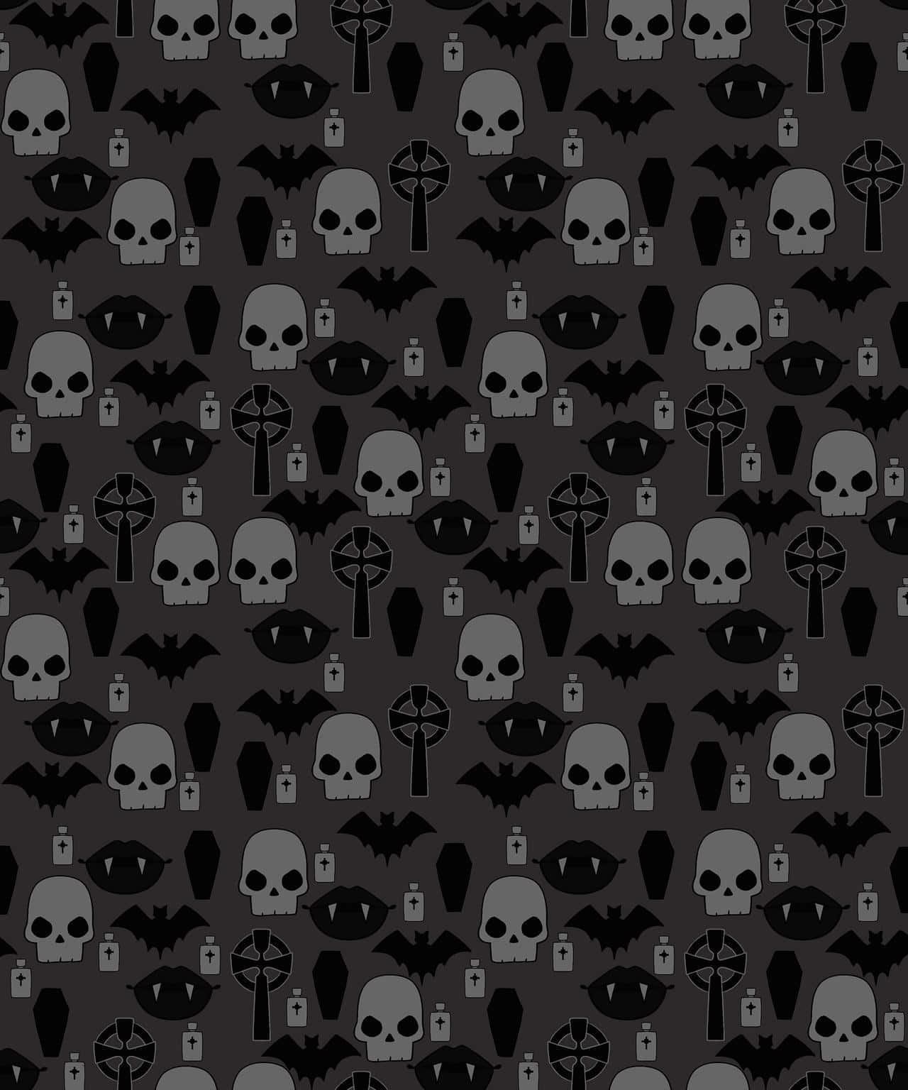 Goth 桌布 壁紙 — 在深色背景上重複出現的骷髏頭、蝙蝠、棺材和吸血鬼嘴巴的灰階圖案。
