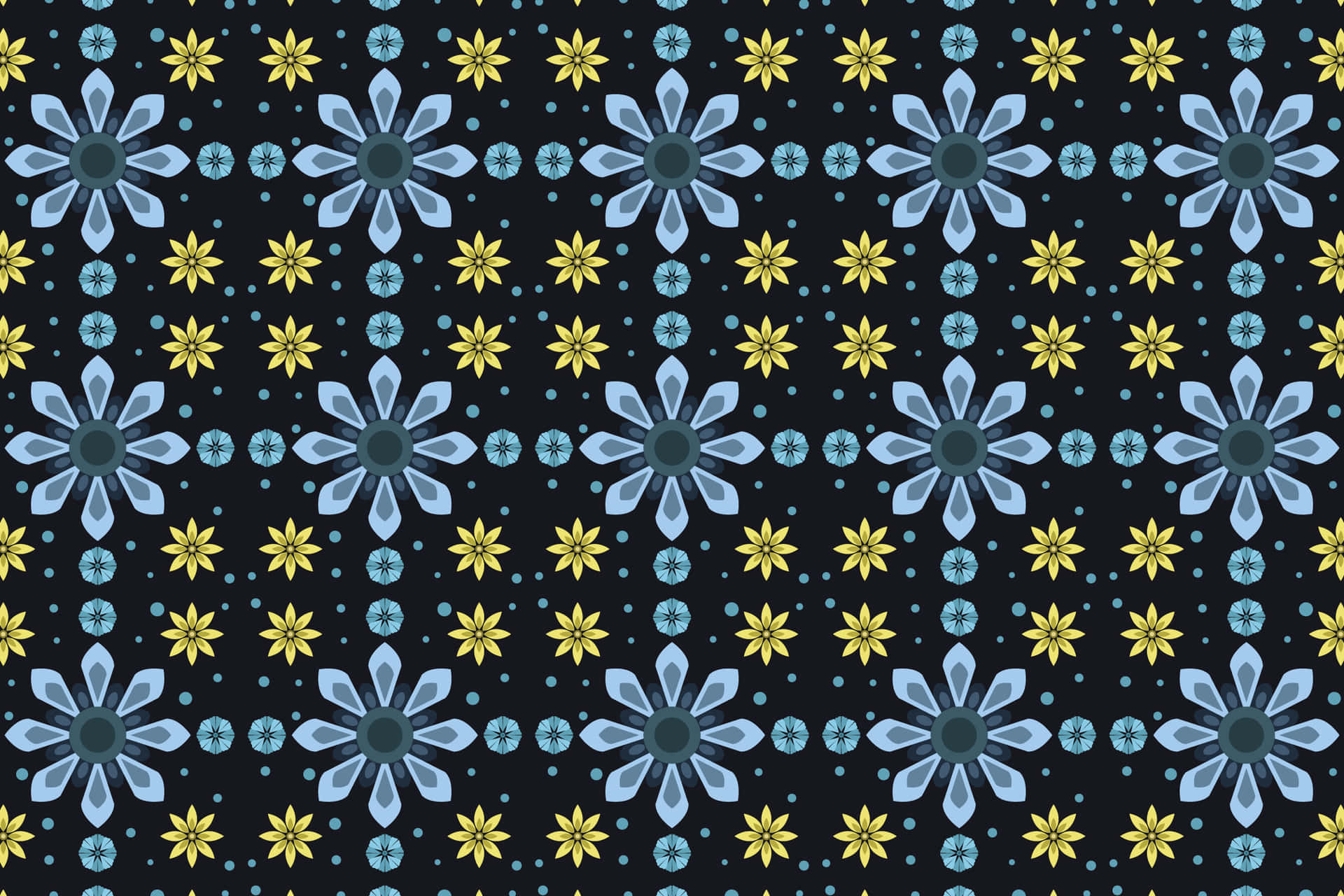 Flower pattern 壁紙 — 在深色背景上重複的風格化藍色和黃色花朵圖案，帶有散落的點。