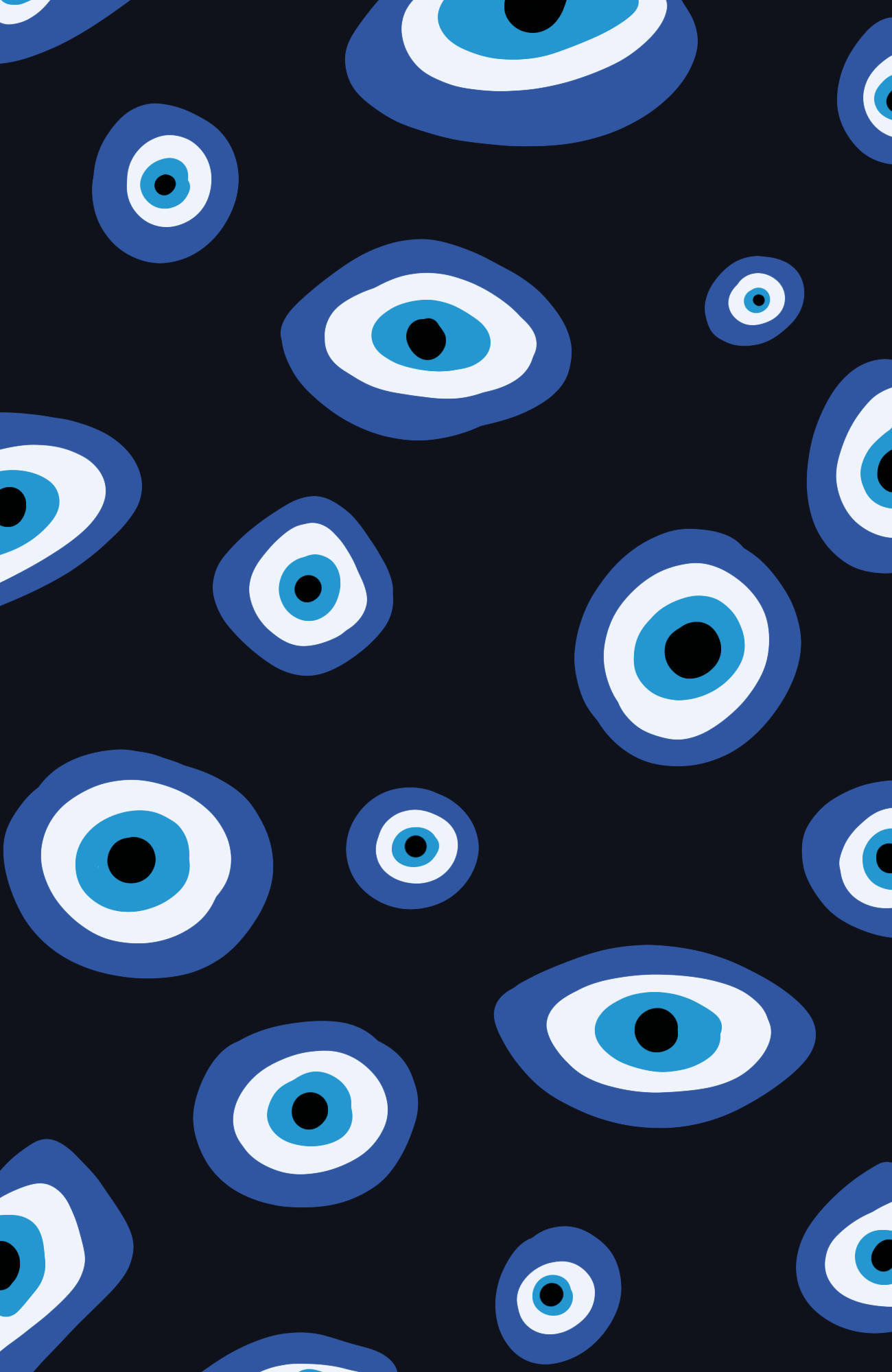 Evil Eye 桌布 壁紙 — 在深色背景上重複的風格化藍色邪眼符號圖案。