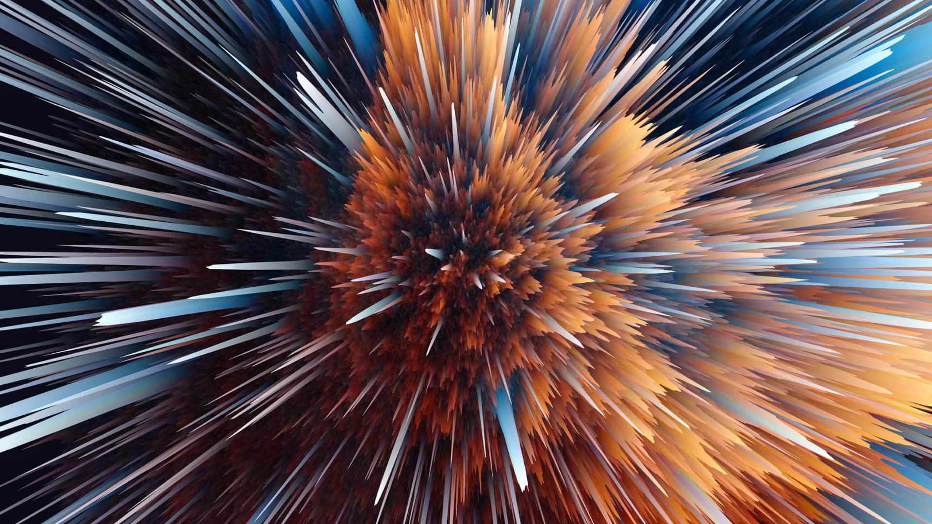 Cool Abstract 桌布 壁紙 — 在深色背景下，一道動態的數位爆炸向外輻射，帶有銳利的橙色和藍色條紋。