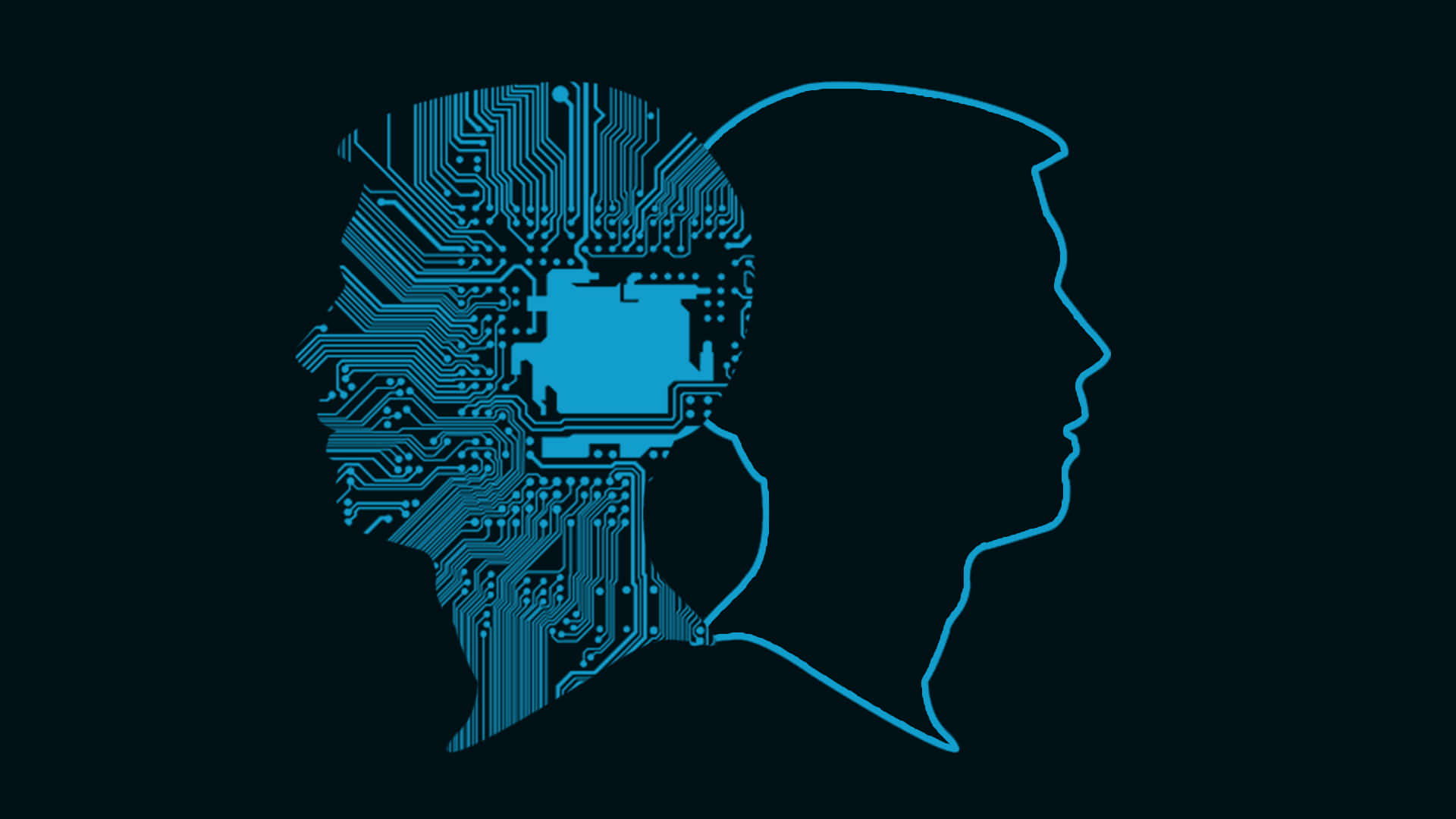 AI 桌布 壁紙 — 在深色背景下，人類頭部剪影內有一個發光的藍色電路板大腦。