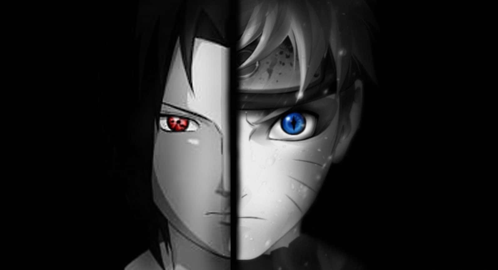 Naruto Black 桌布 壁紙 — 在深色背景下，兩個角色分面動畫肖像，具有對比鮮明的紅色和藍色眼睛。