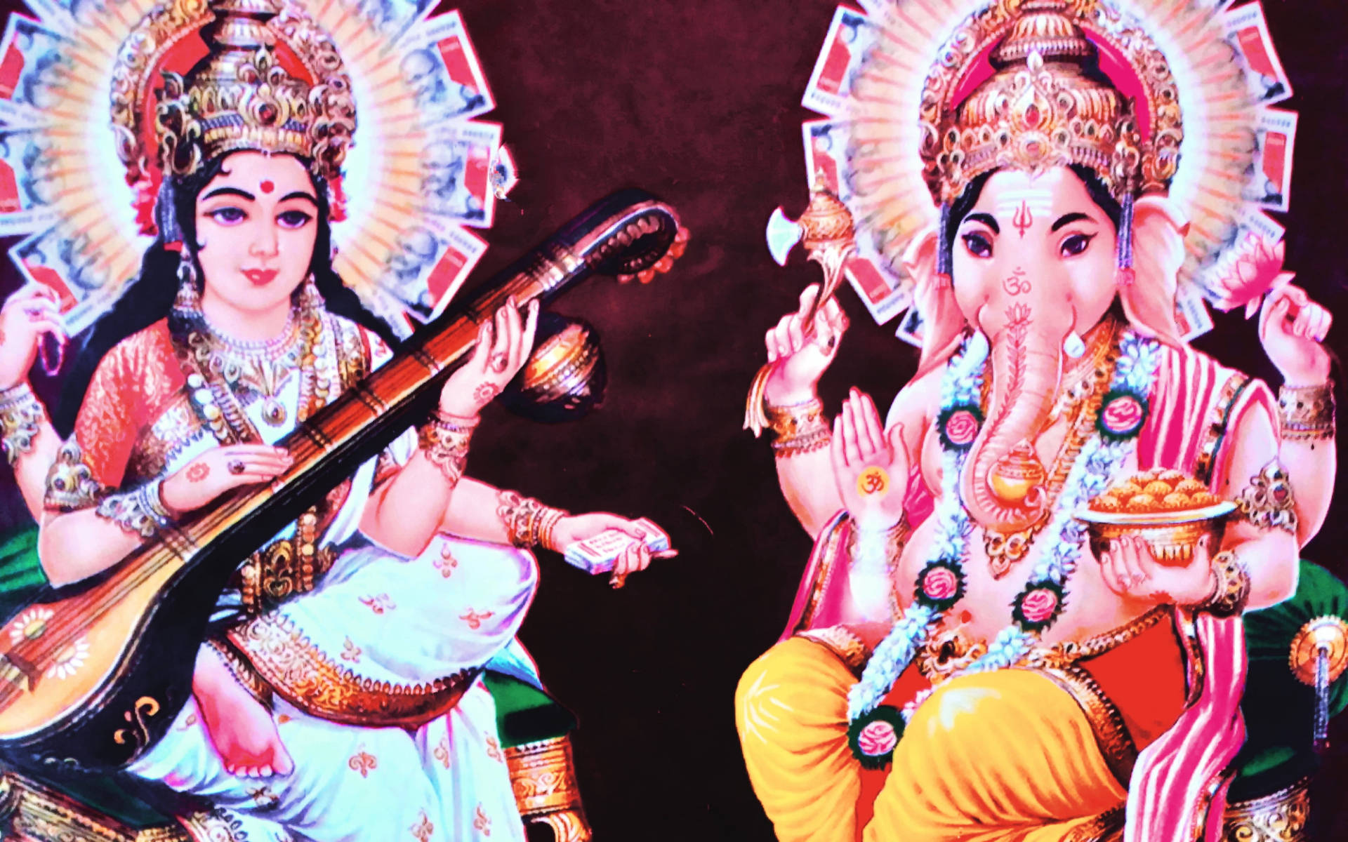 Saraswati 桌布 壁紙 — 在深色背景下，印度教神祇薩拉斯瓦蒂和象頭神裝飾著華麗珠寶和光環的生動插圖。