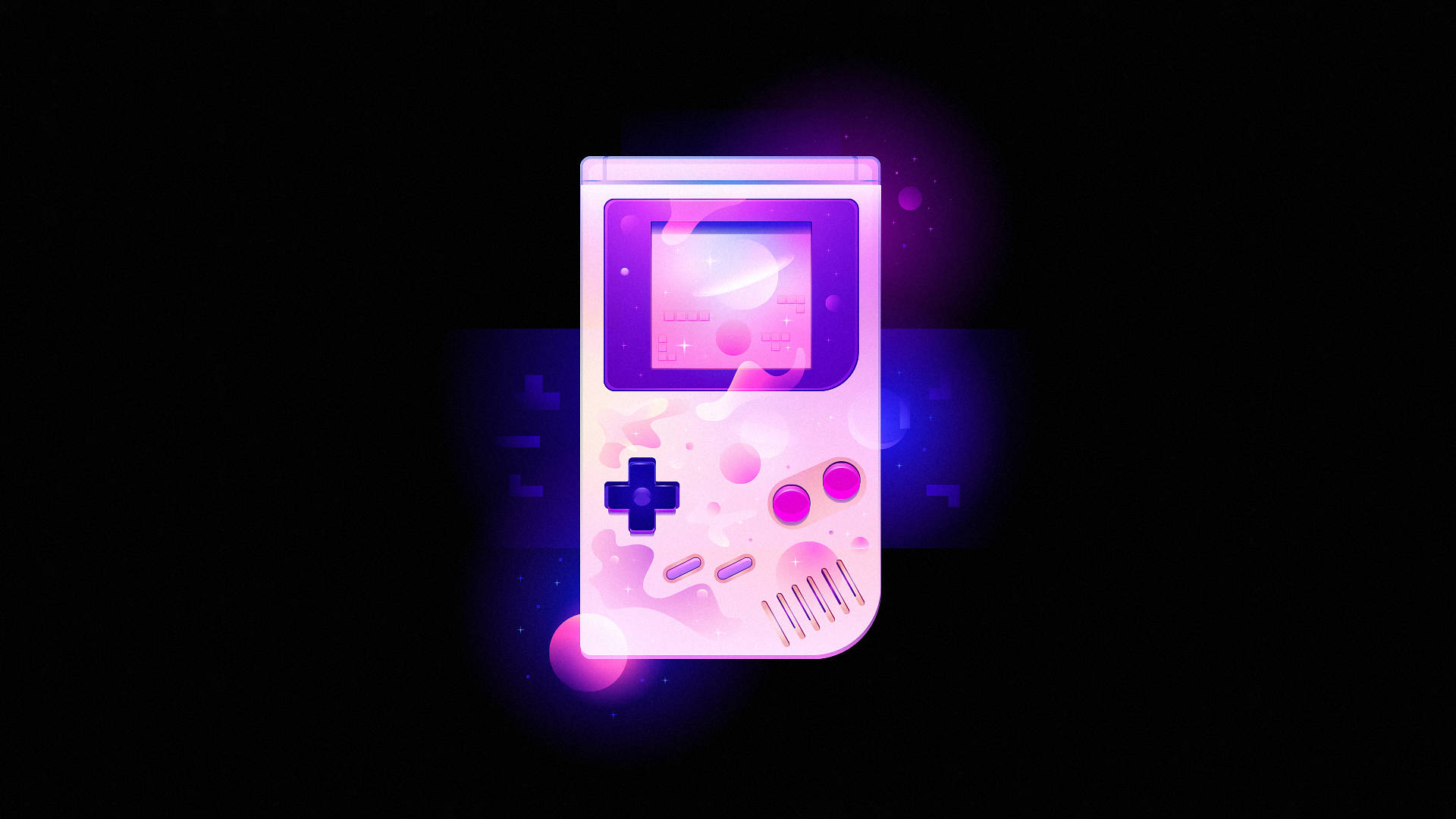game 桌布 壁紙 — 在深色背景下，發光的粉紅色和紫色 Game Boy 搭配霓虹粒子效果。