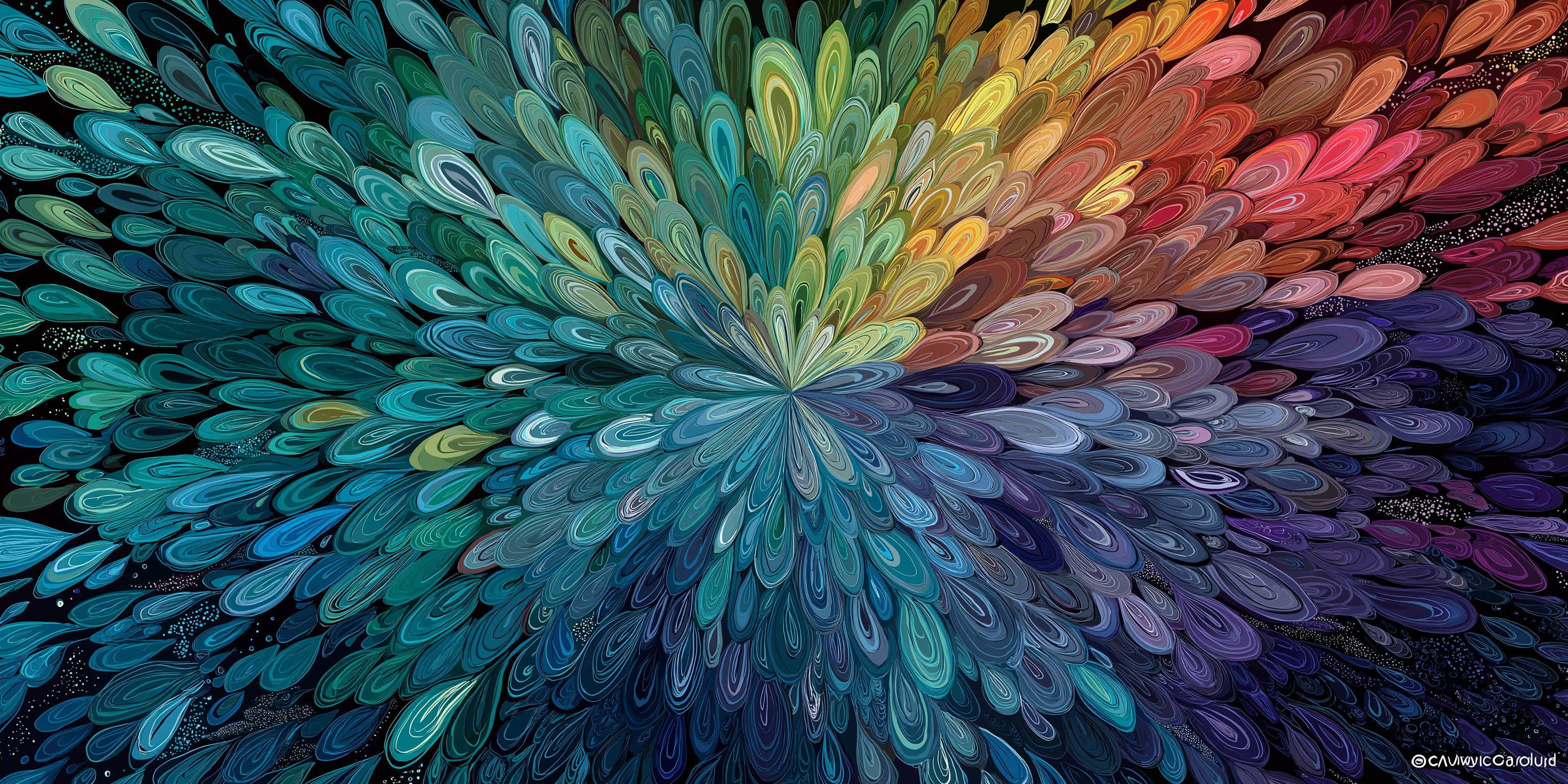 kaleidoscope 桌布 壁紙 — 在深色背景下，色彩繽紛的旋轉孔雀羽毛圖案向外輻射，形成燦爛的抽象爆發。