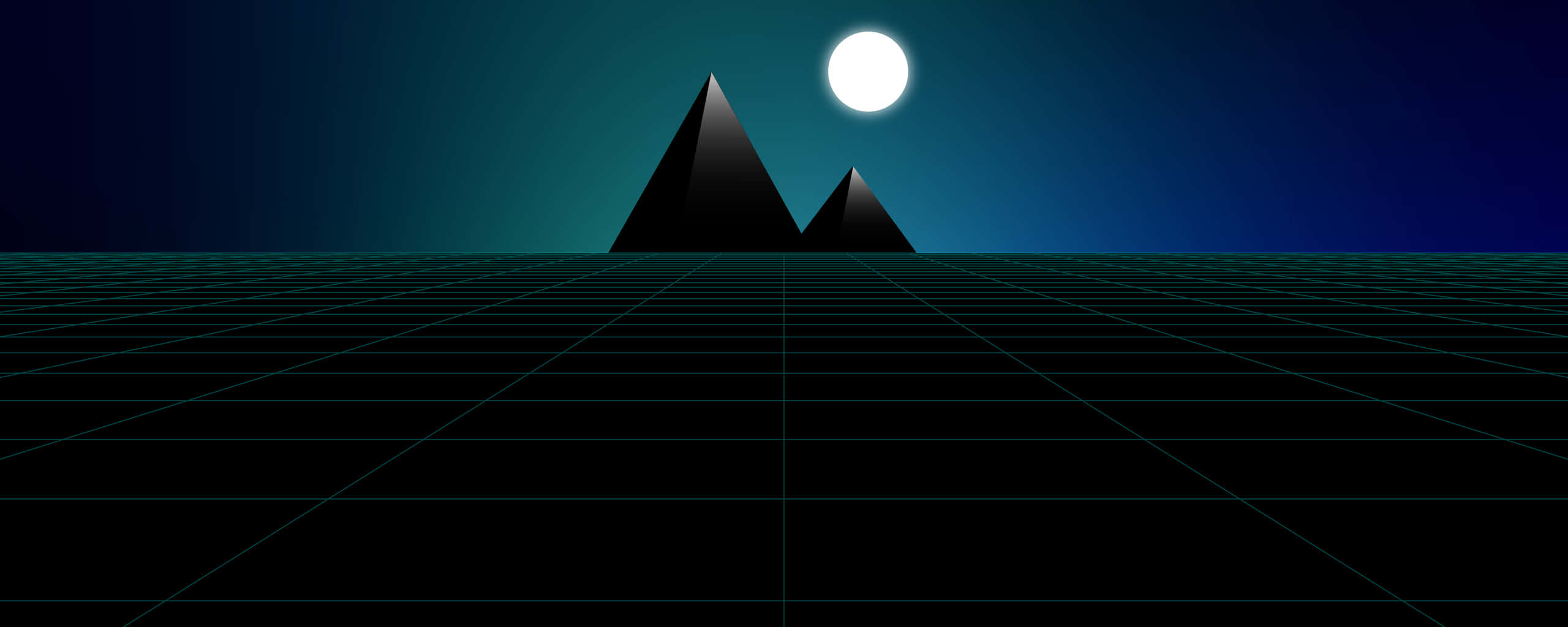 Moon Aesthetic 桌布 壁紙 — 在深藍綠色夜空下，發光月亮下帶有尖銳金字塔剪影的復古未來風格網格景觀。