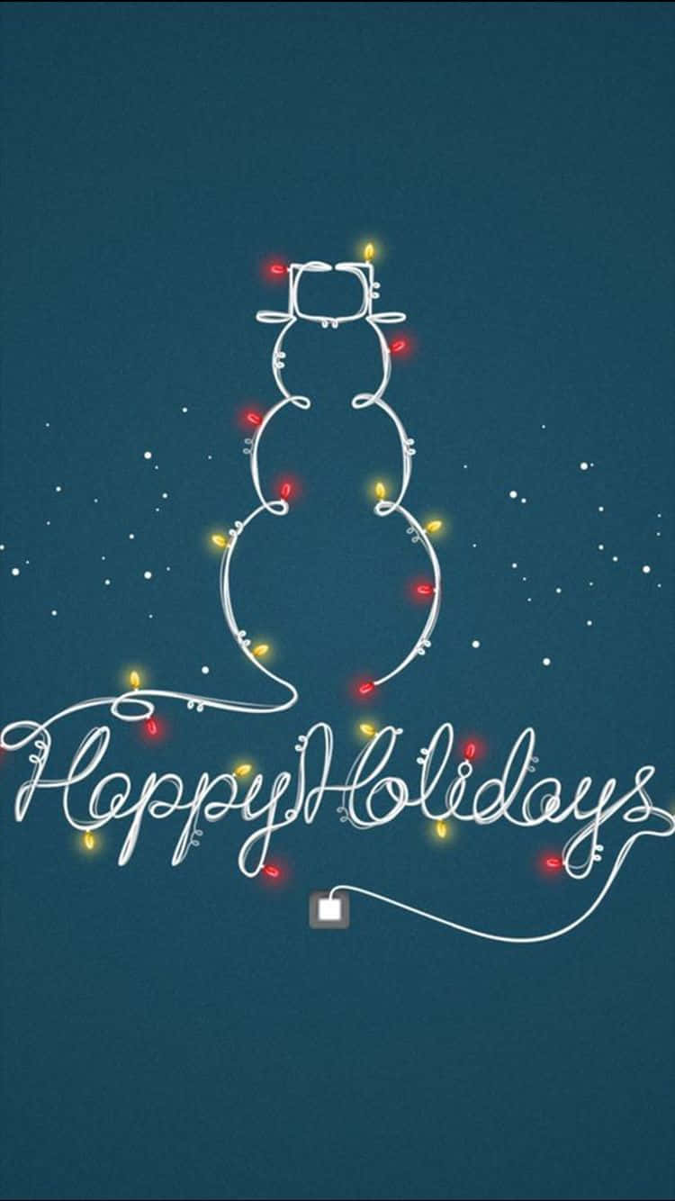 桌布 壁紙 — 在深藍綠色背景上，由發光燈串形成的雪人輪廓和「Happy Holidays」文字，並散落著星星。